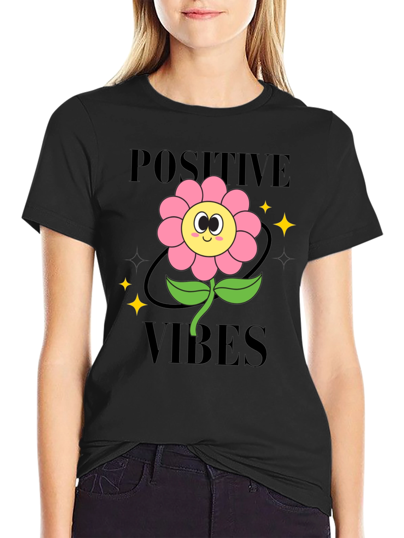 Black Positive Vibes Flower Graphic T-Shirt view 2