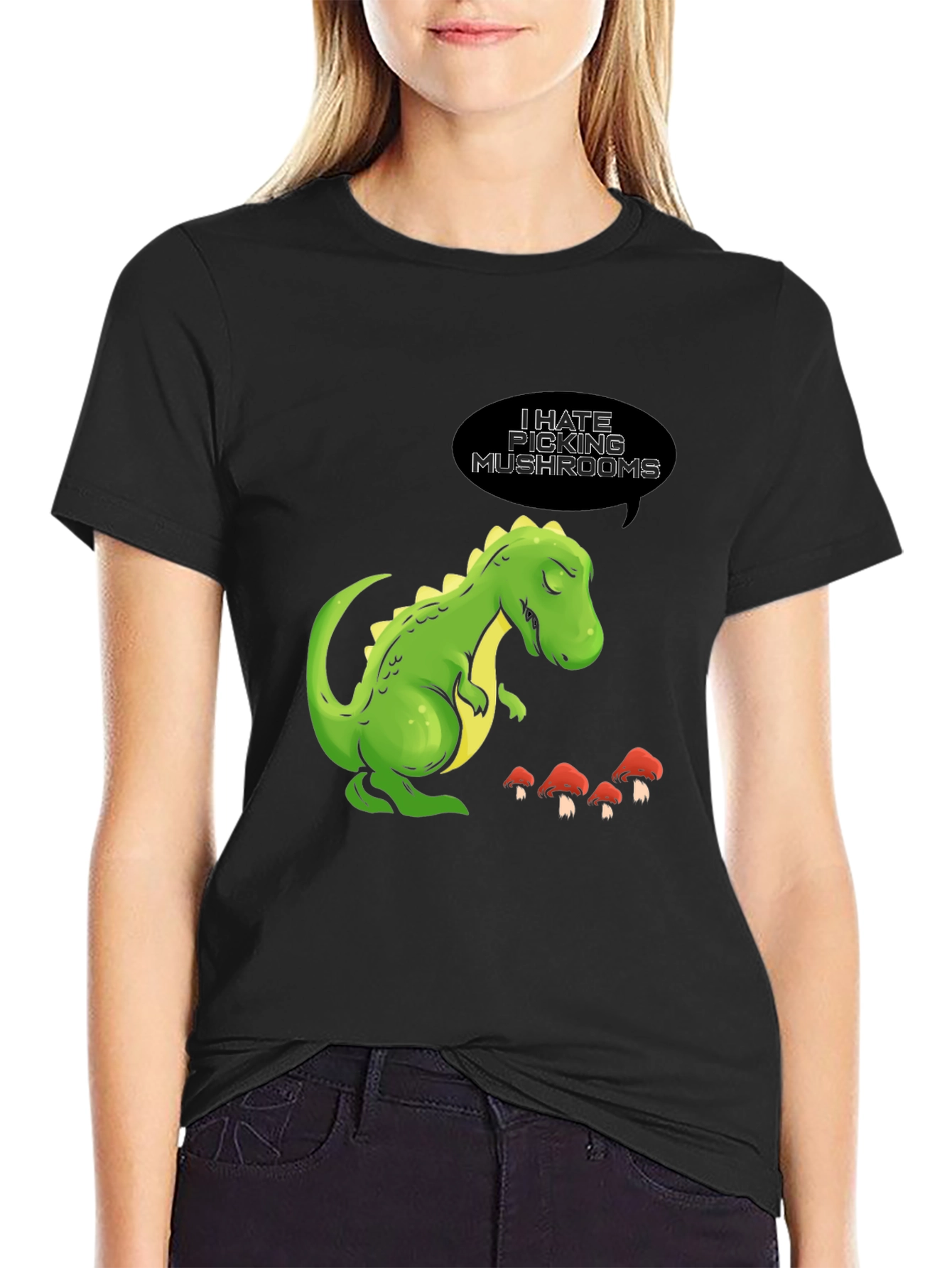 Black Funny Dinosaur T-Shirt - I Hate Picking Mushrooms view 2