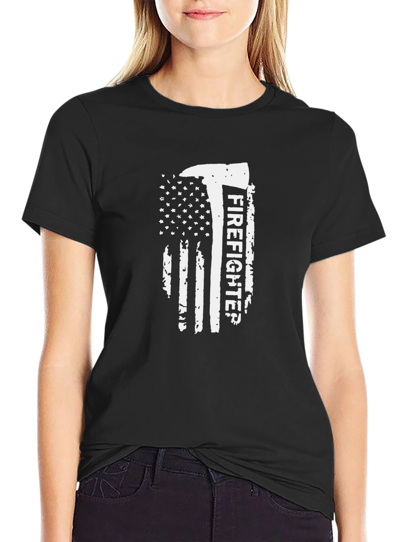 Black Firefighter American Flag Graphic Tee - Black view 2