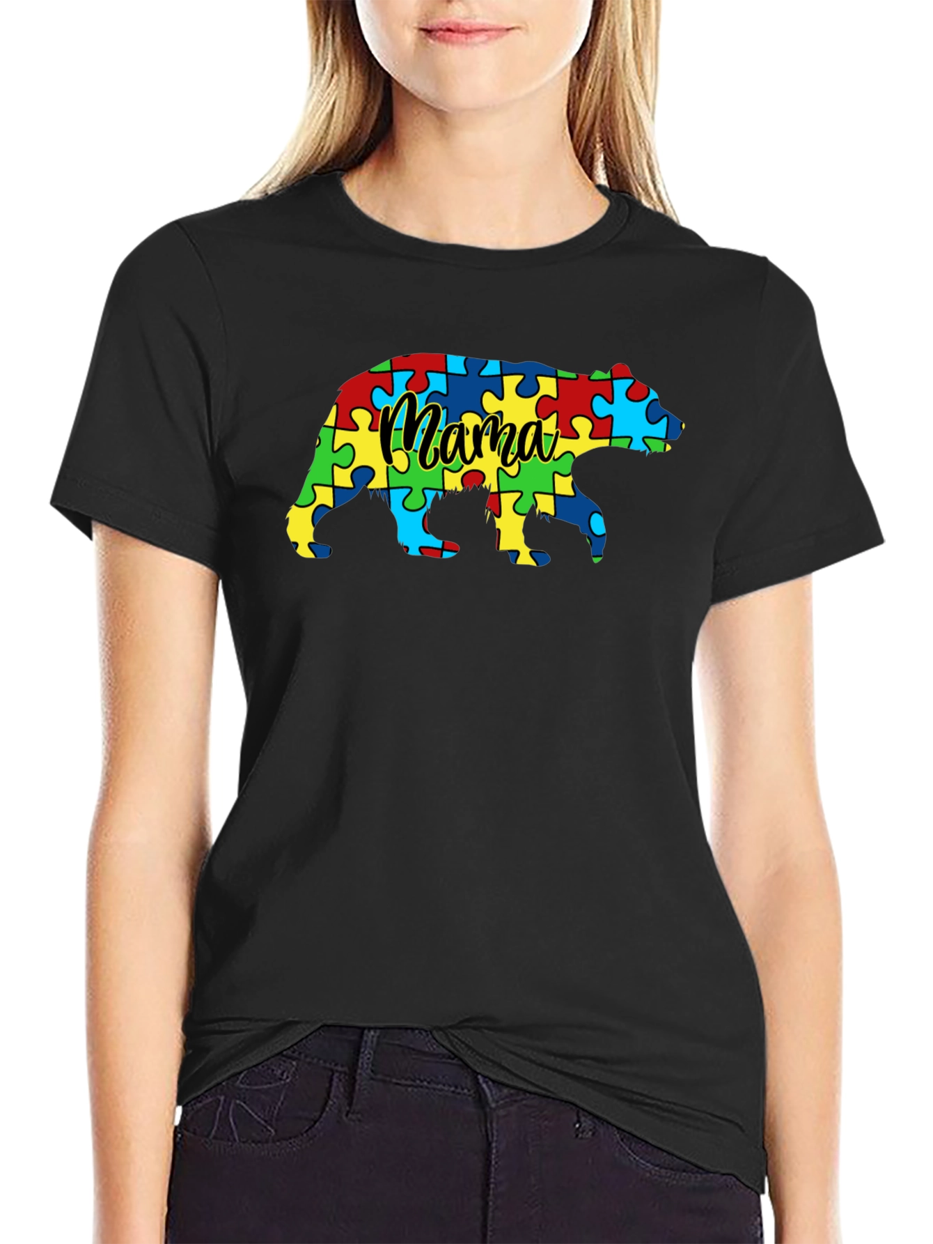 Black Mama Bear Autism Awareness Puzzle T-Shirt view 2