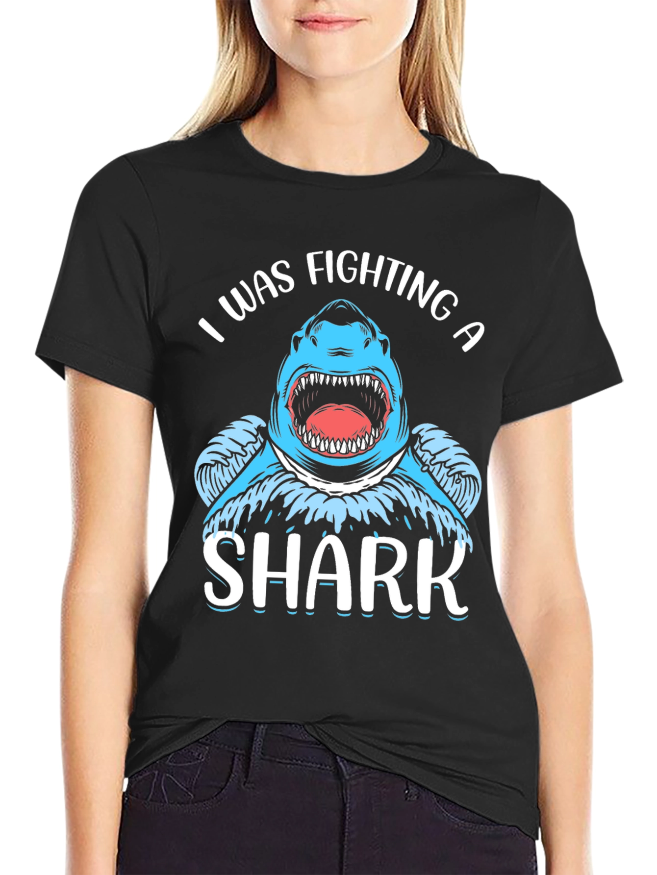 Black I Was Fighting a Shark Black T-Shirt view 2
