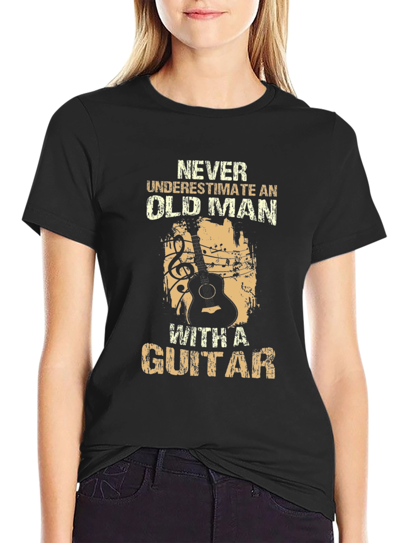 Black Never Underestimate Old Man Guitar T-Shirt view 2