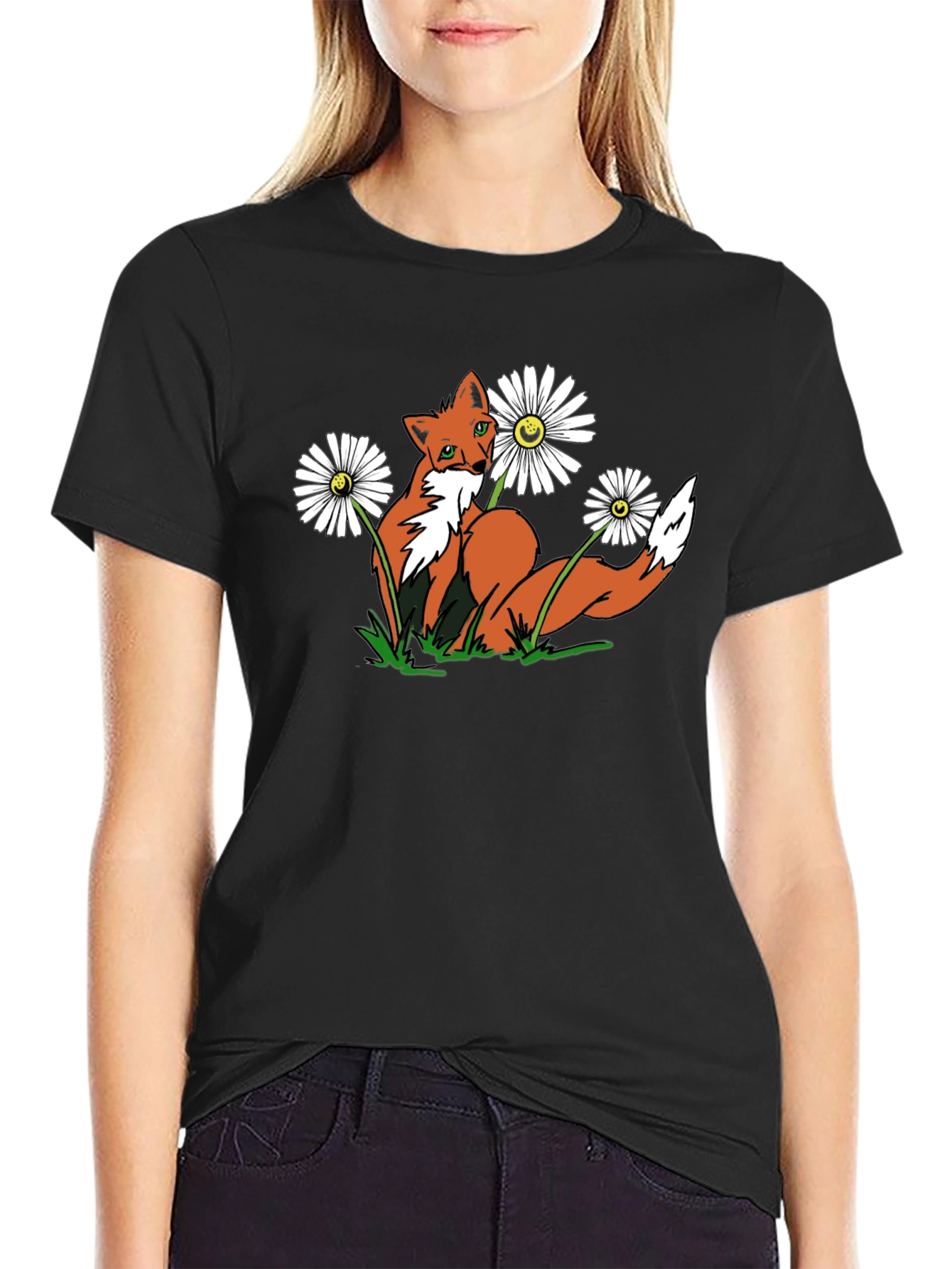 Black Fox and Flowers Graphic Tee -  Black T-Shirt view 2
