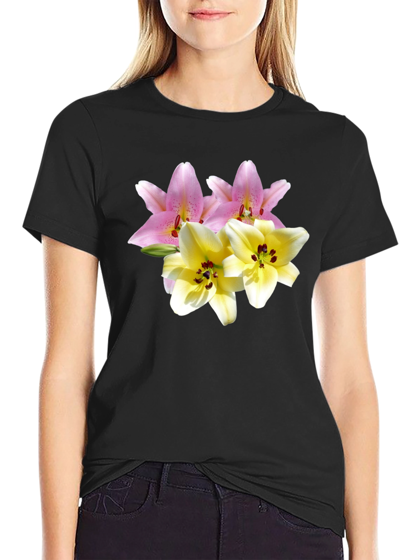 Black Floral Print Tee - Lily Design view 2