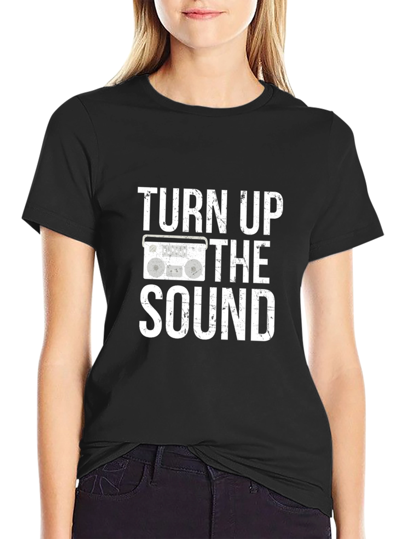 Black Turn Up the Sound Graphic Tee - Classic Boombox Design view 2