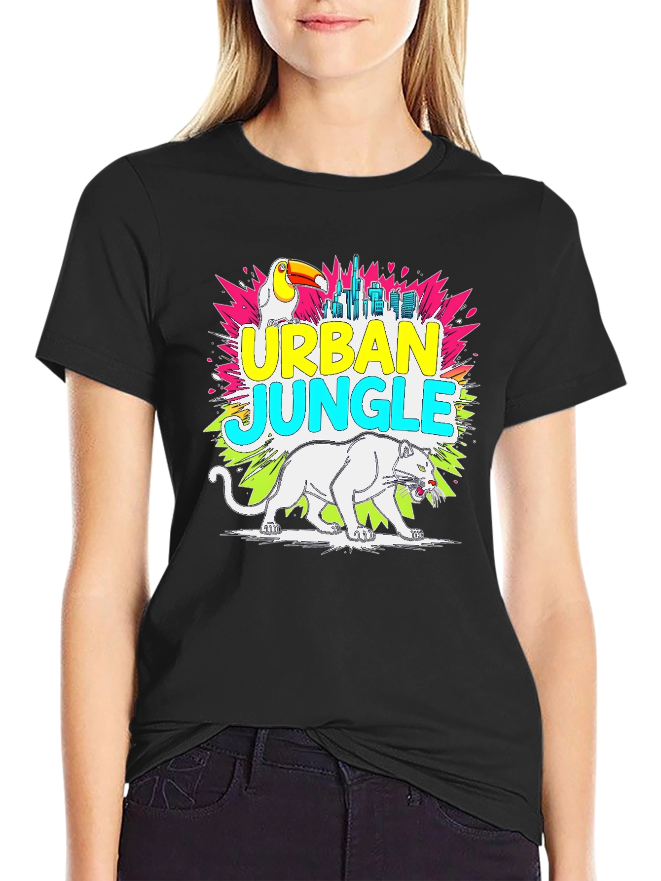 Black Urban Jungle Graphic Tee - Toucan, Panther, Cityscape view 2