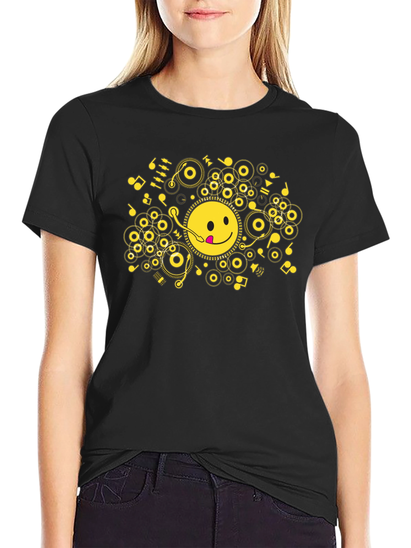 Black Smiley Face Music T-Shirt - Black Cotton Blend Tee view 2