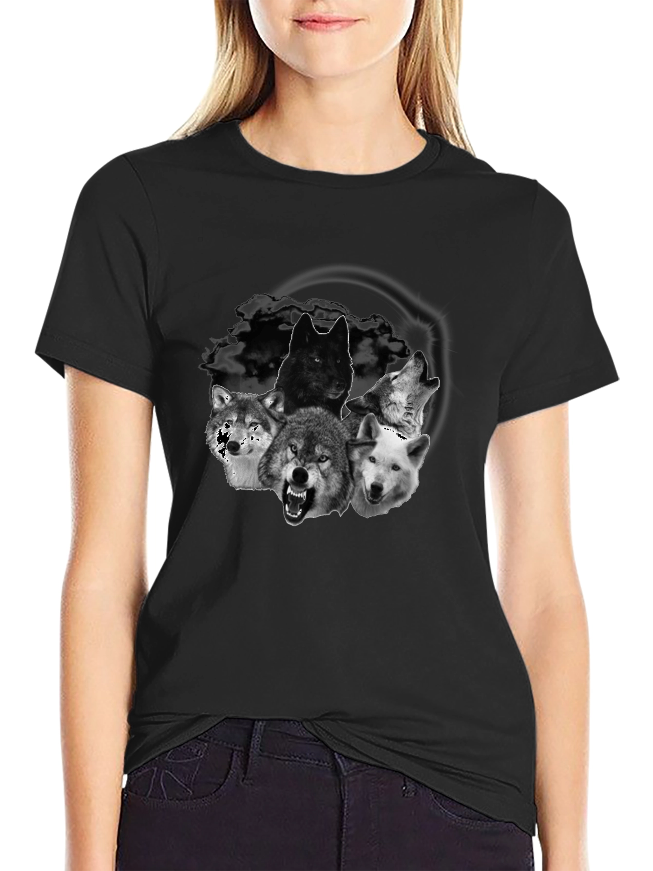 Black Wolf Pack Graphic Tee - Bold Black T-Shirt view 2
