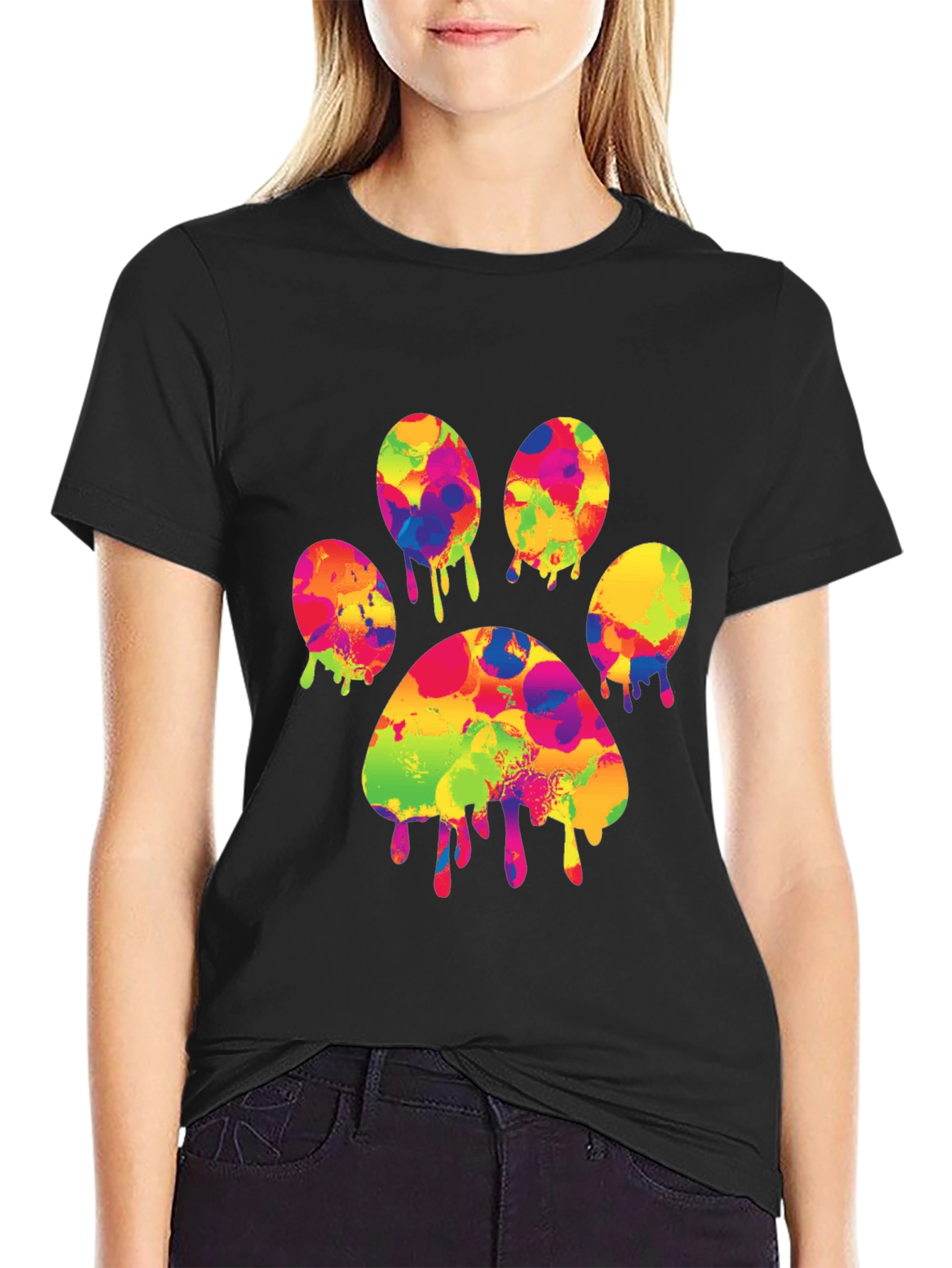 Black Colorful Paw Print T-Shirt - Abstract Dog Lover Tee view 2