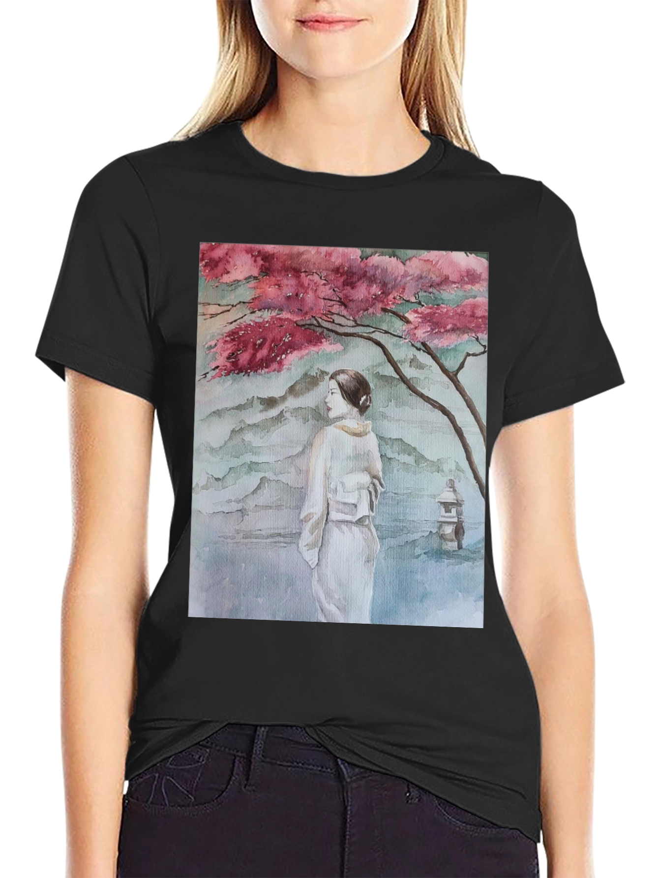 Black Watercolor Japanese Art Black T-Shirt view 2
