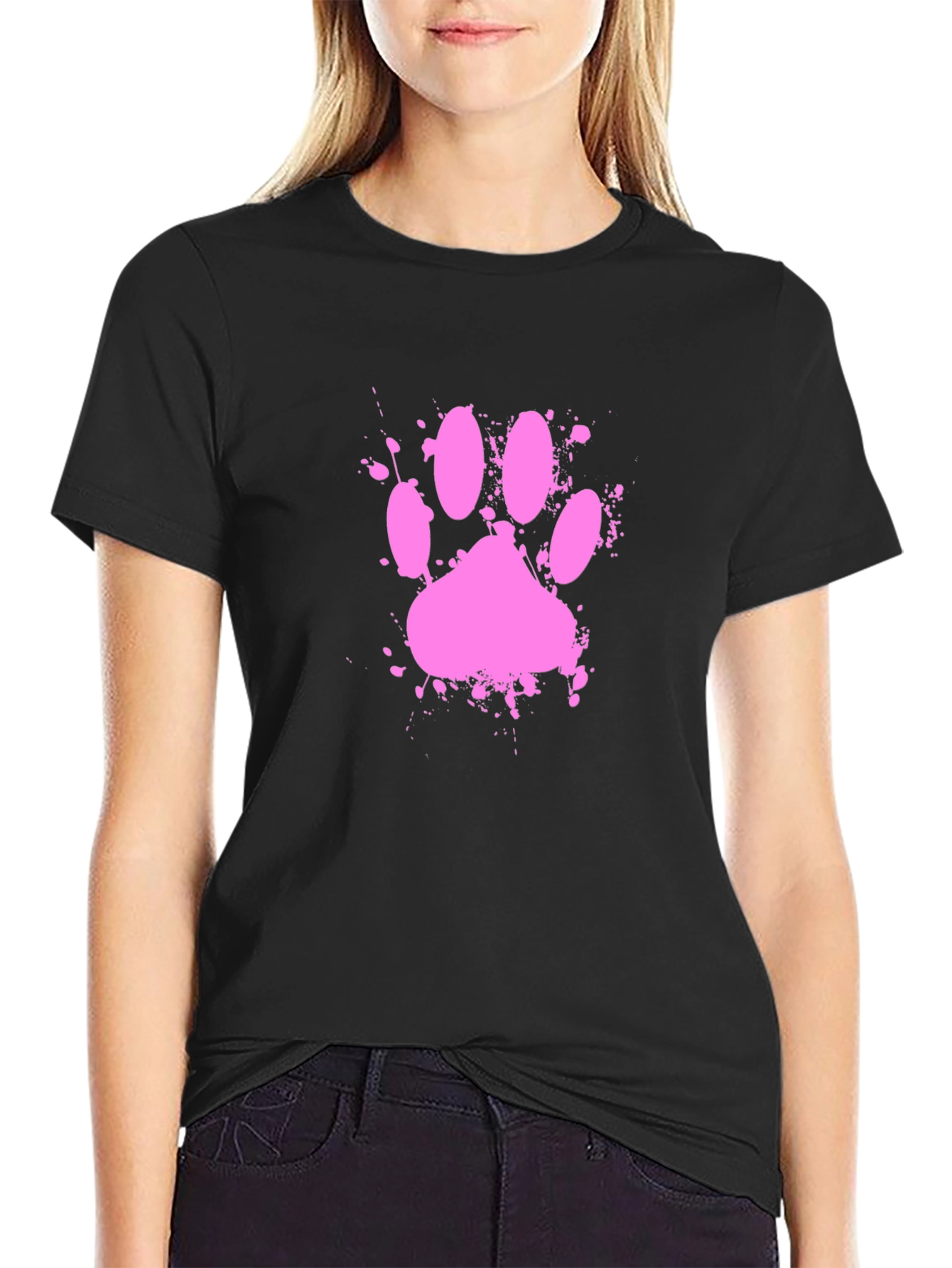 Black Pink Paw Print Splatter T-Shirt view 2