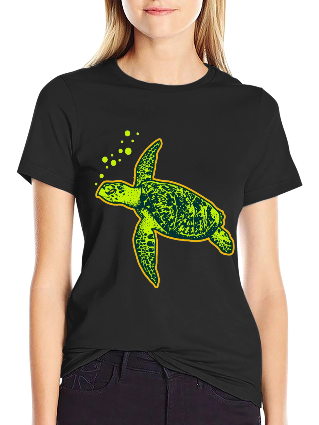 Black Sea Turtle Graphic Tee - Black Cotton T-Shirt view 2