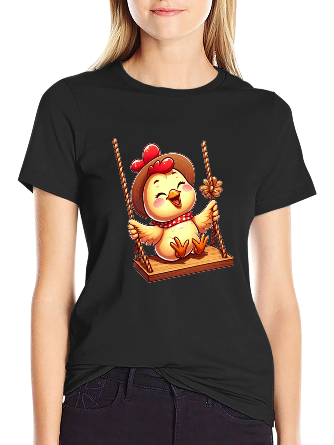Black Cute Chicken on Swing Graphic Tee view 2