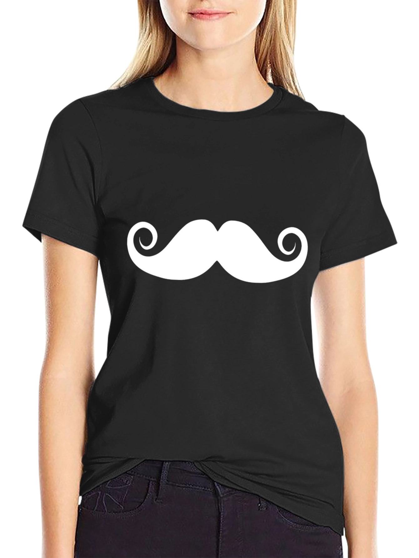 Black Funny Mustache Graphic Print Tee - Black view 2
