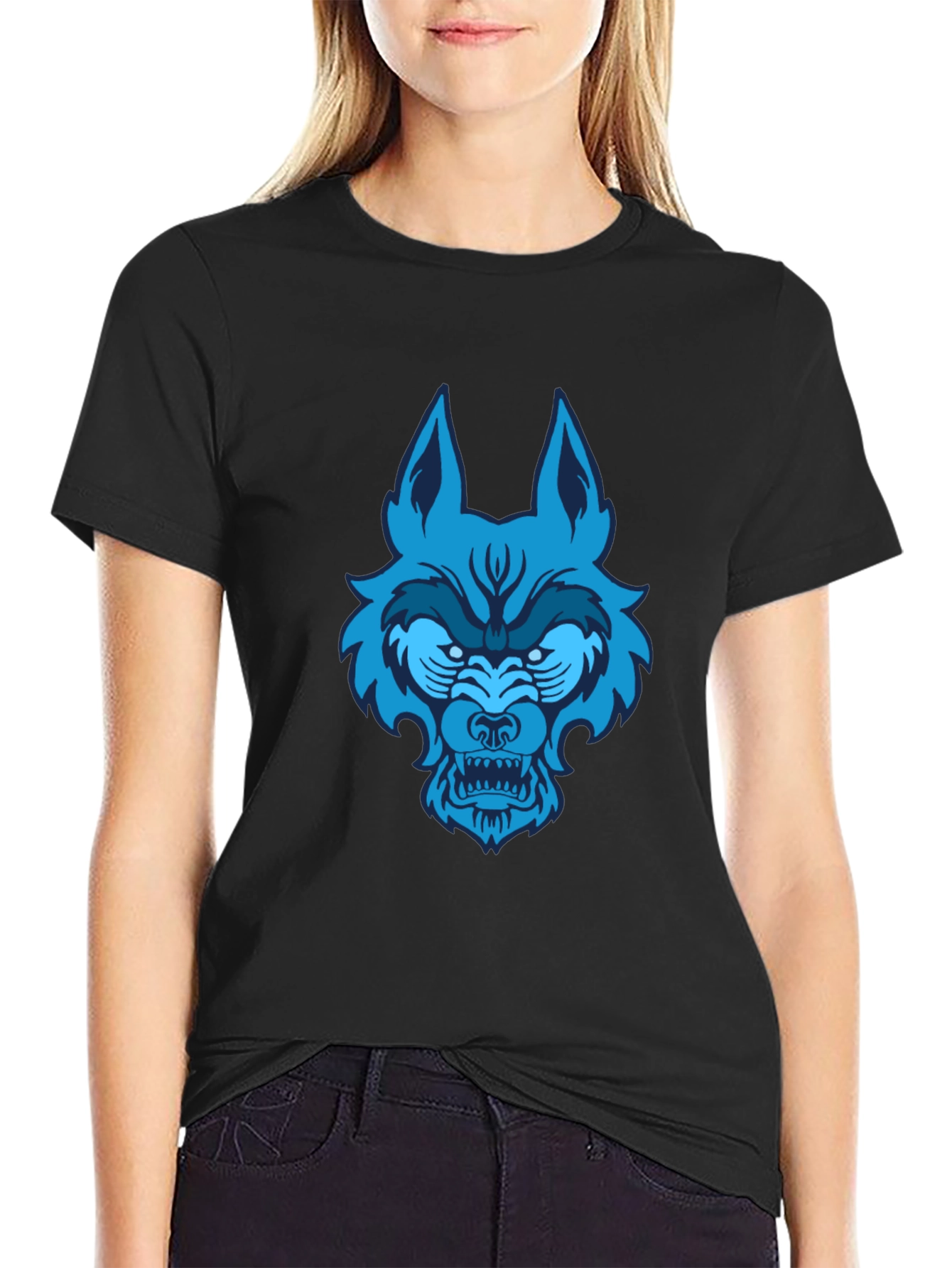 Black Blue Wolf Graphic Tee - Black Cotton T-Shirt view 2