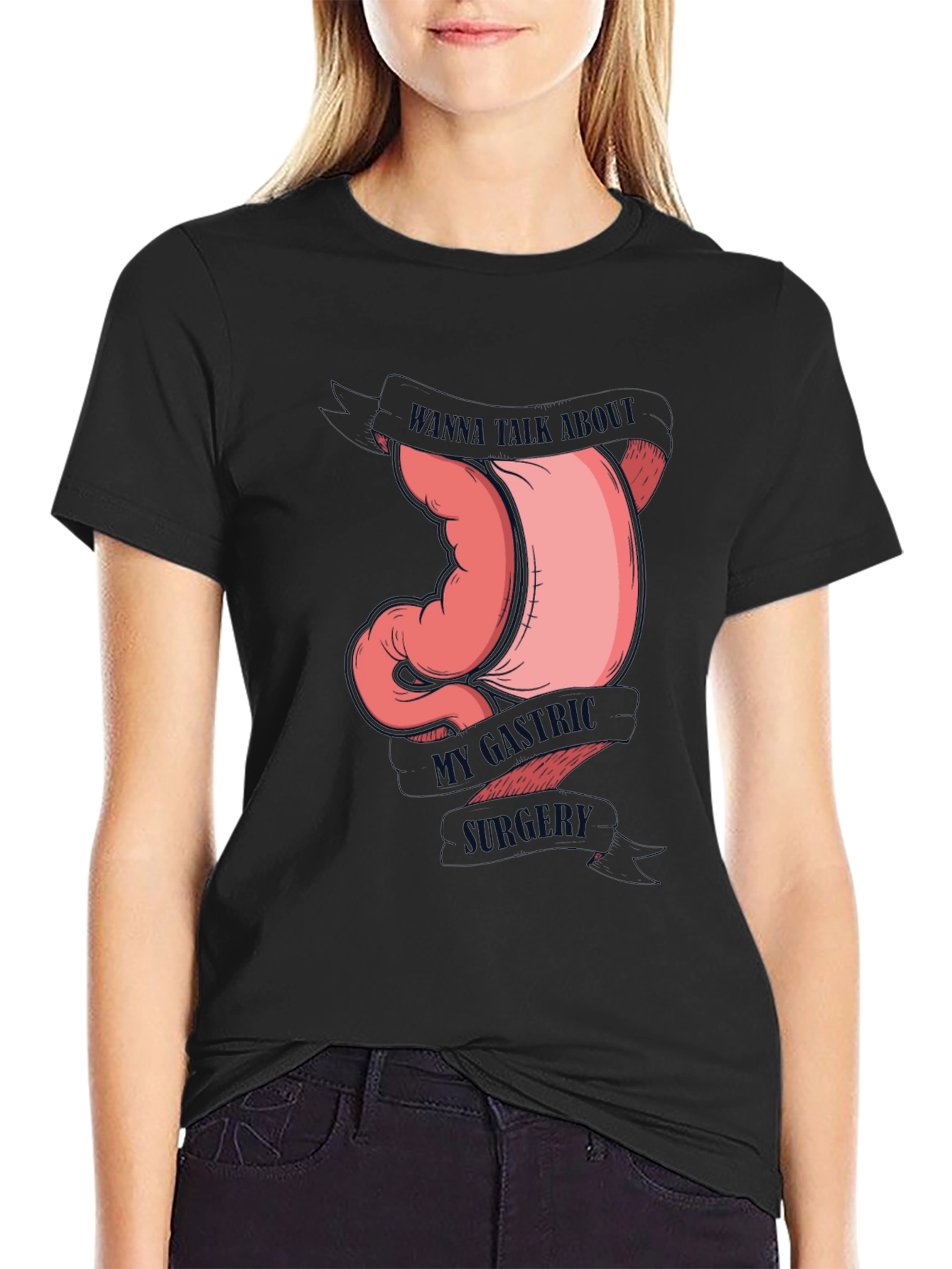 Black Gastric Humor Tee - Wanna Talk About My Gastric Surgery T-Shirt view 2