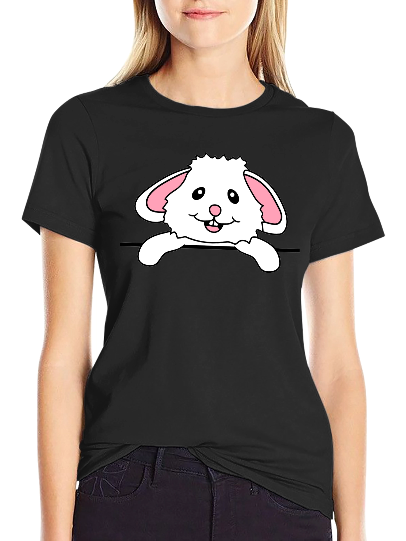 Black Cute Bunny Rabbit Graphic Black T-Shirt view 2
