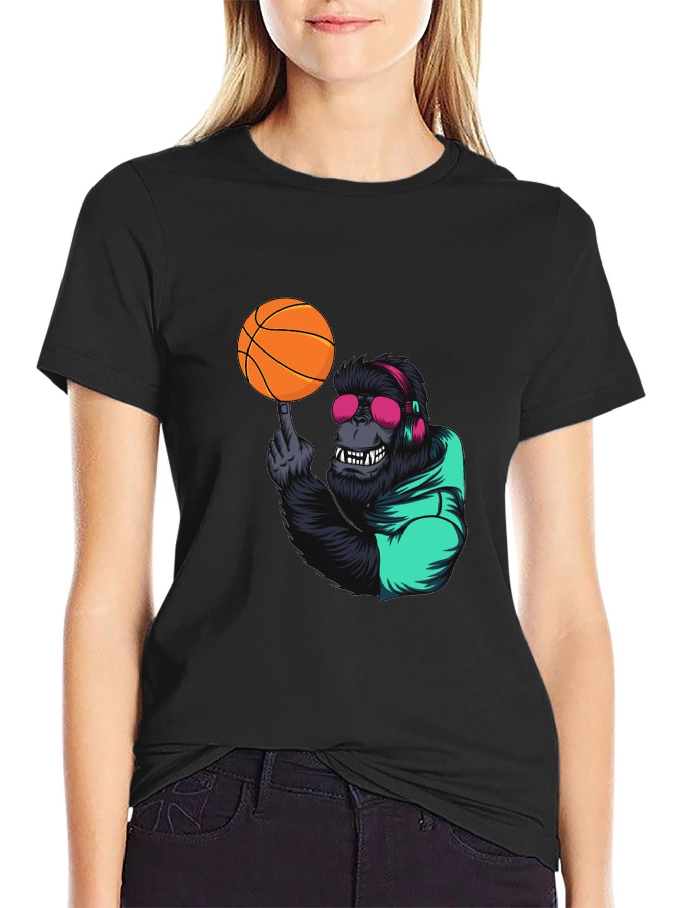 Black Cool Gorilla Basketball Graphic Tee view 2