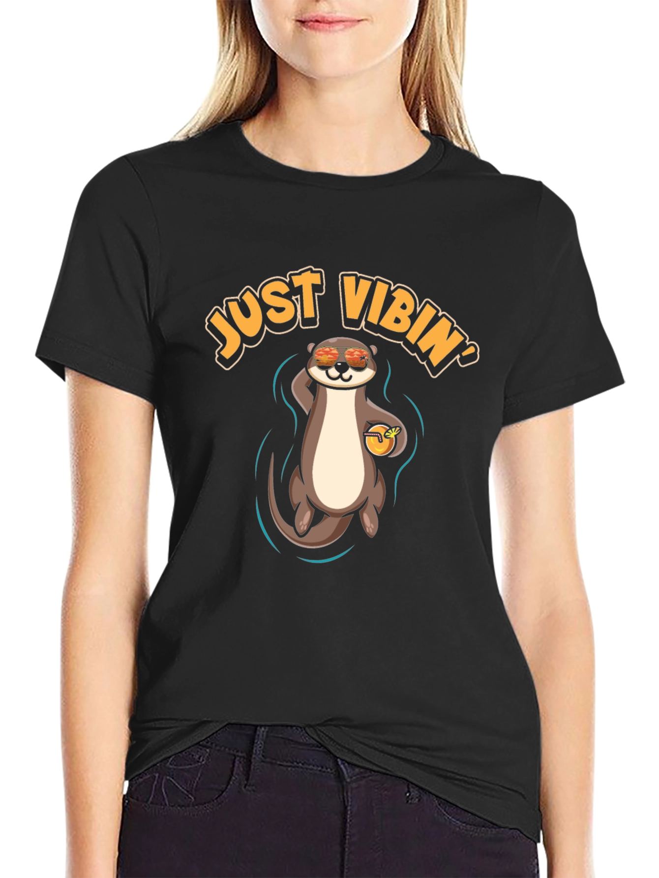 Black Just Vibin' Otter T-Shirt - Cool Summer Vibes view 2