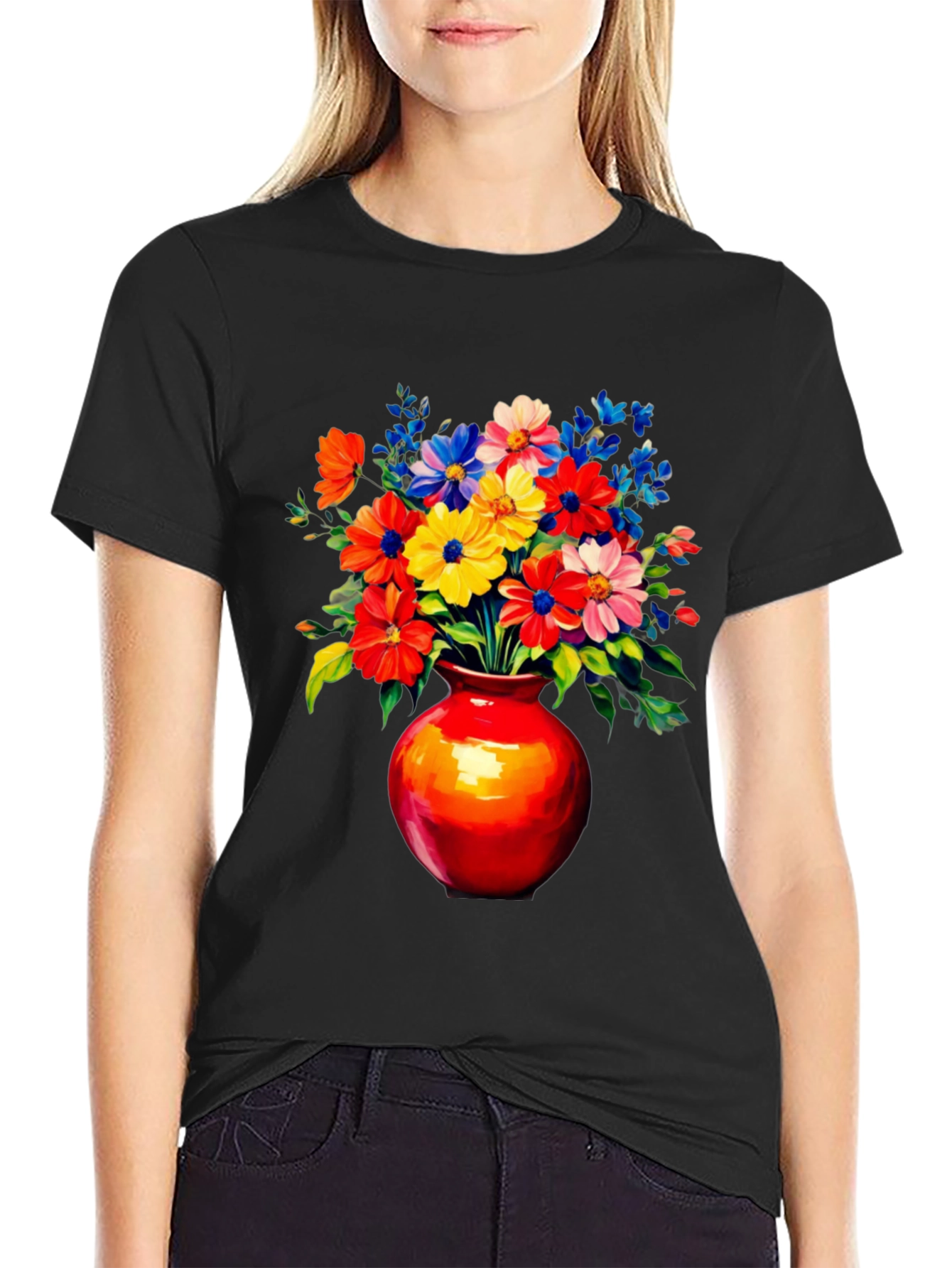 Black Floral Vase Graphic Tee - Vivid Black T-Shirt view 2