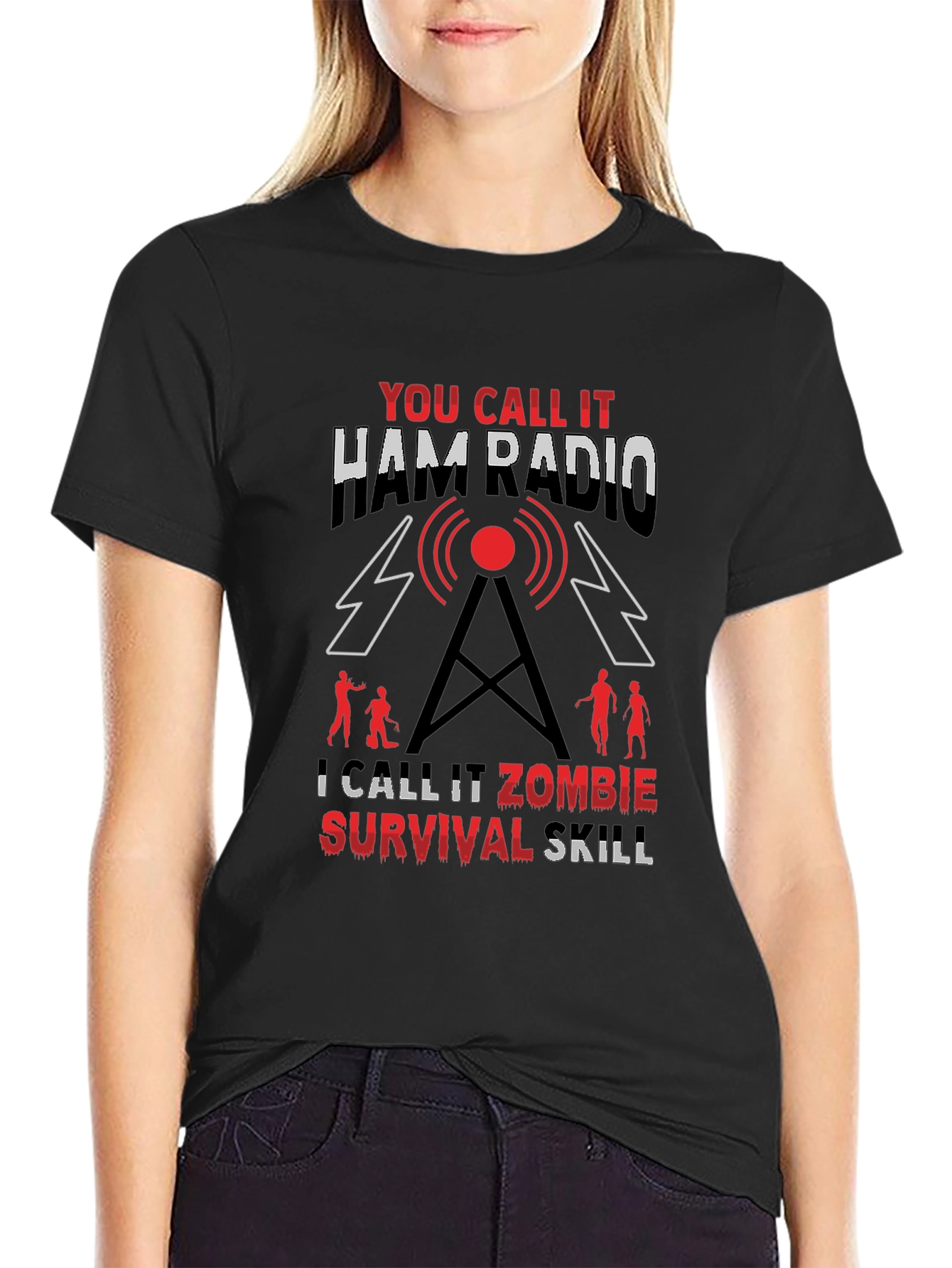 Black Ham Radio Zombie Survival Skill T-Shirt view 2