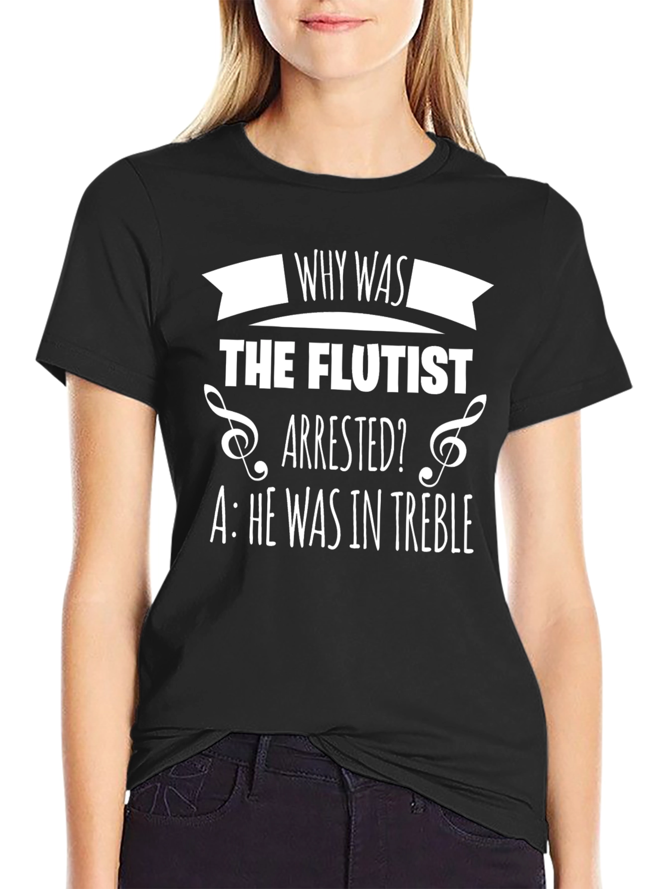 Black Funny Flutist Treble Pun T-Shirt view 2