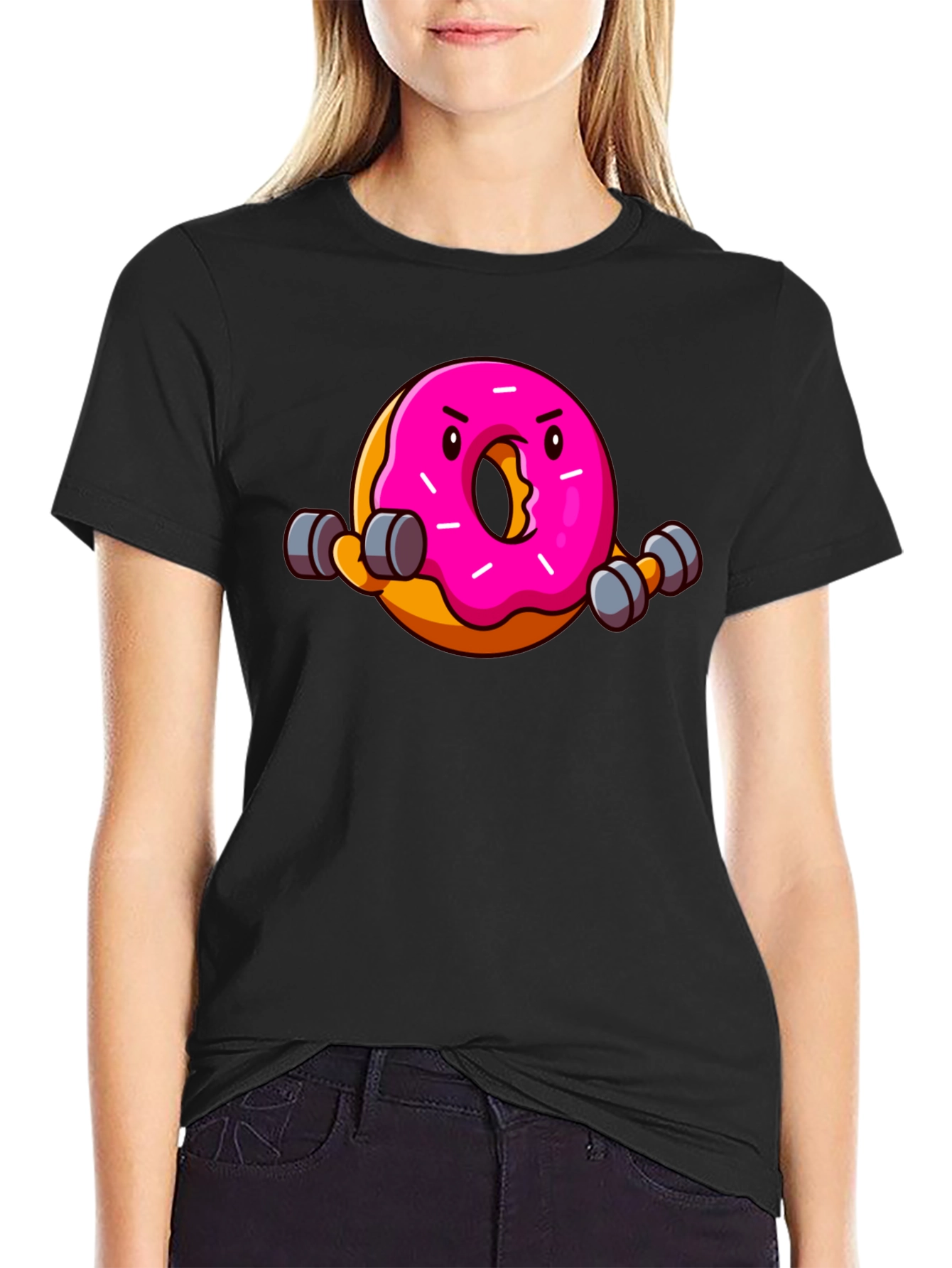 Black Donut Lifting Weights Funny T-Shirt view 2