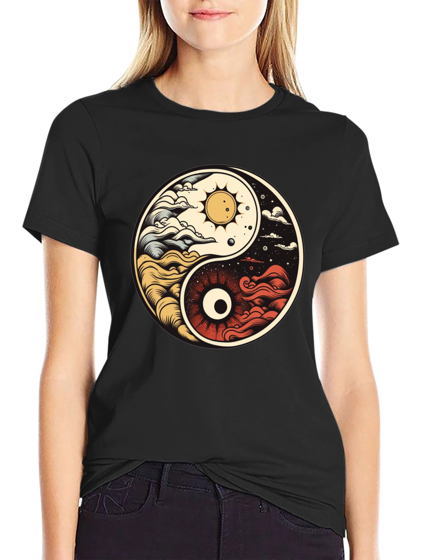 Black Yin Yang Celestial Balance T-Shirt view 2