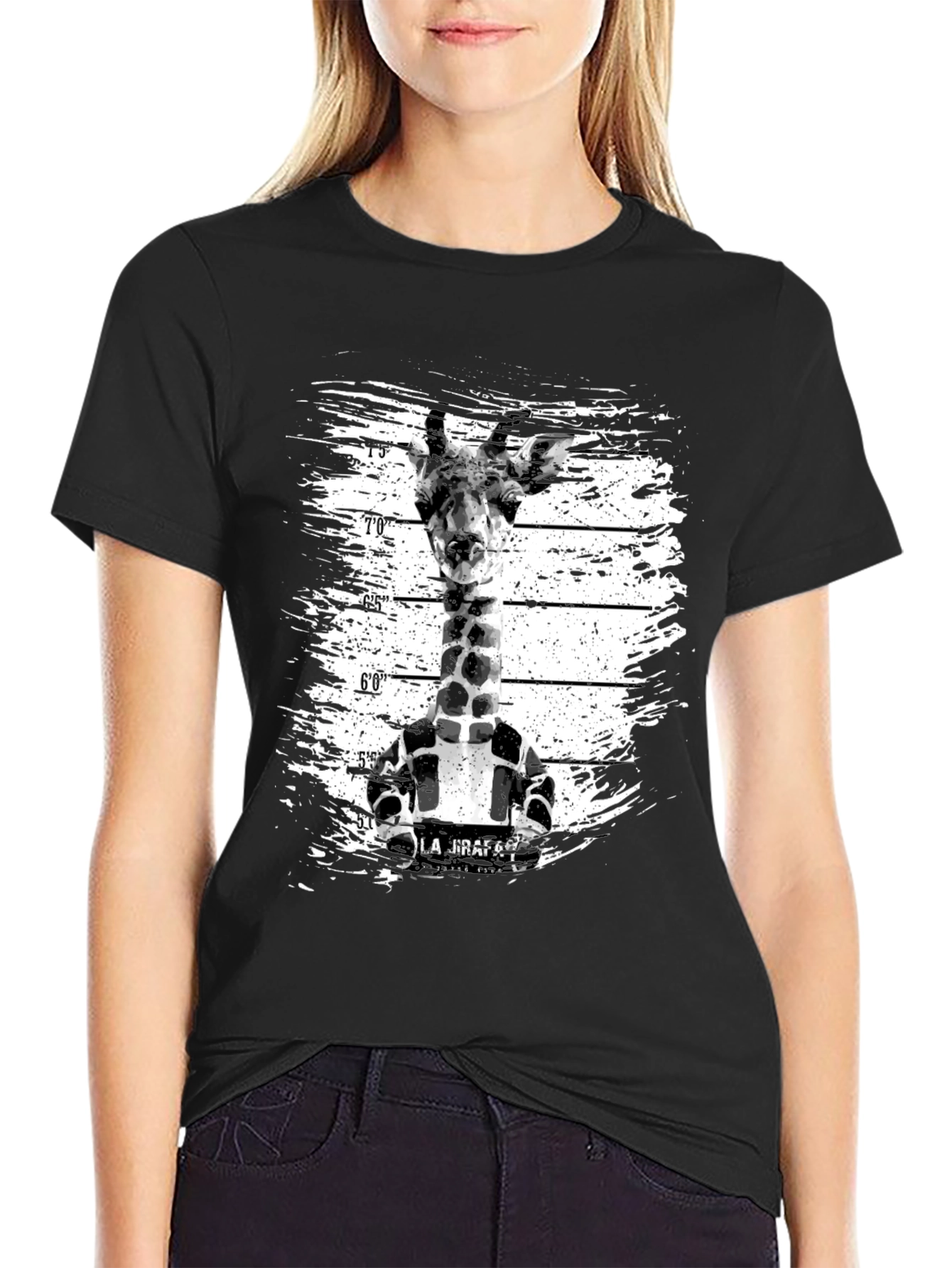 Black Funny Giraffe Mugshot Graphic Tee - Black view 2