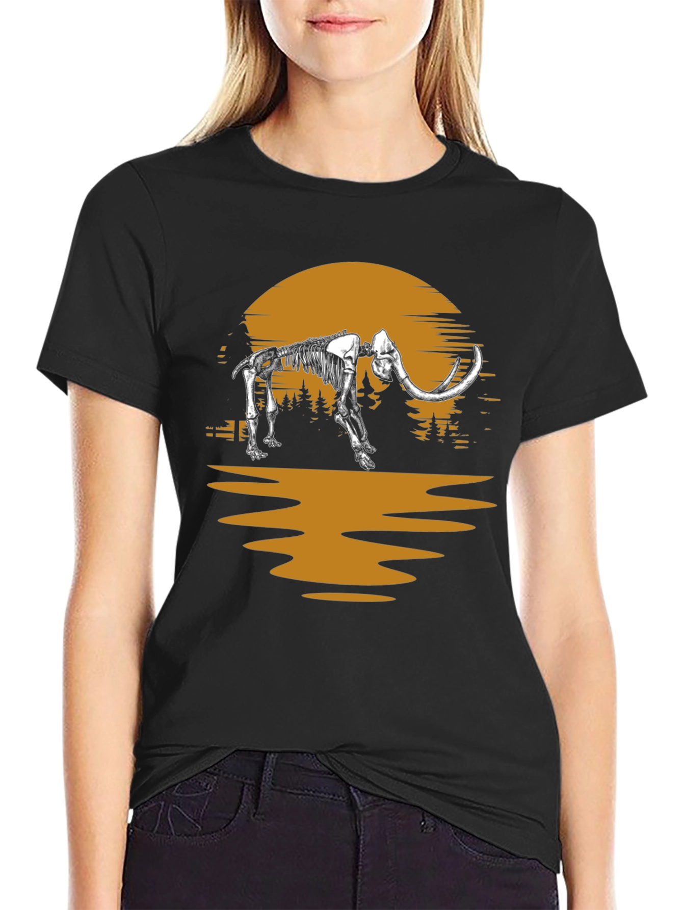 Black Mammoth Skeleton Sunset Graphic Tee - Unique Print view 2