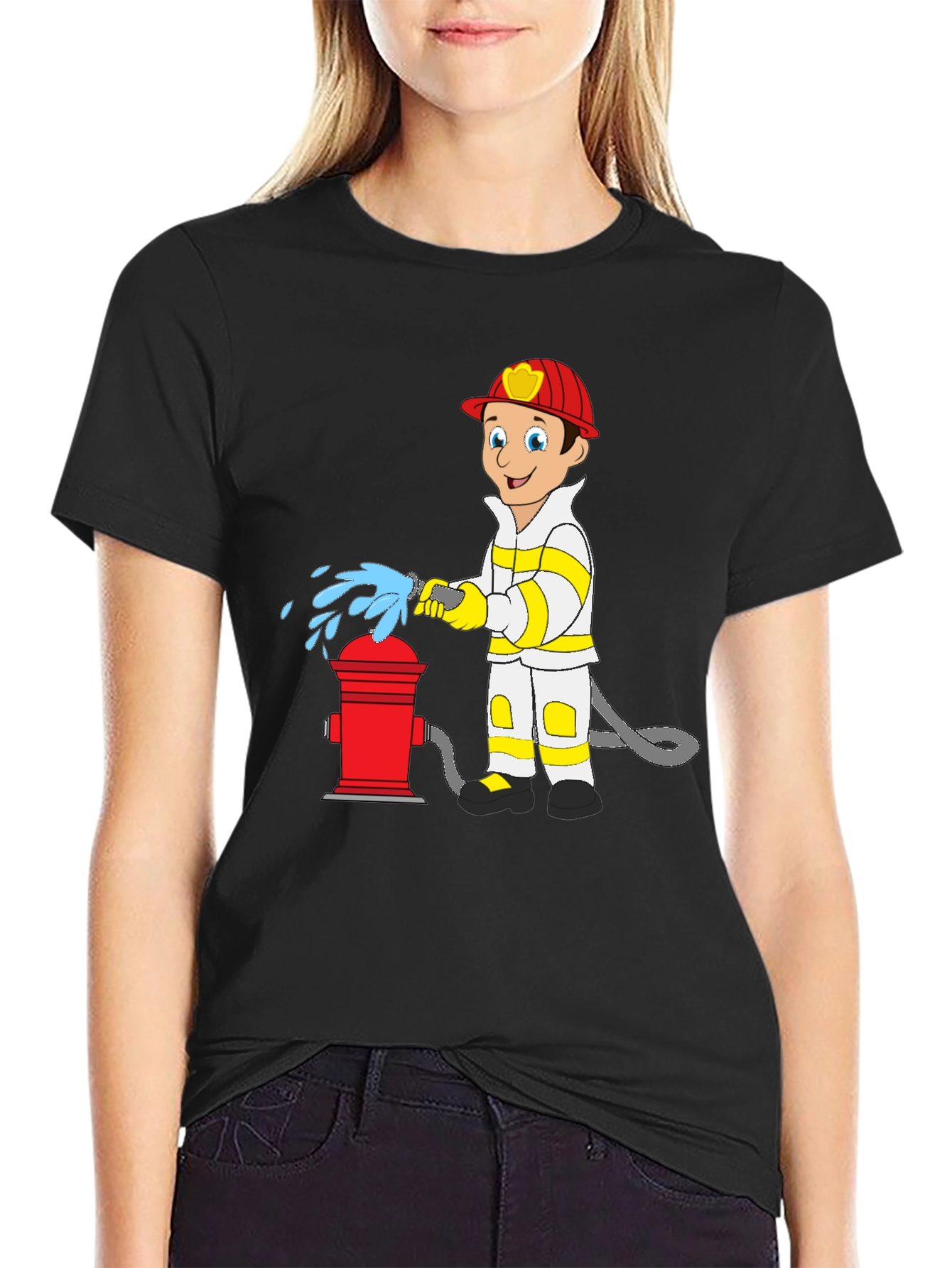 Black Cartoon Fireman T-Shirt - Fire Hydrant Fun! view 2