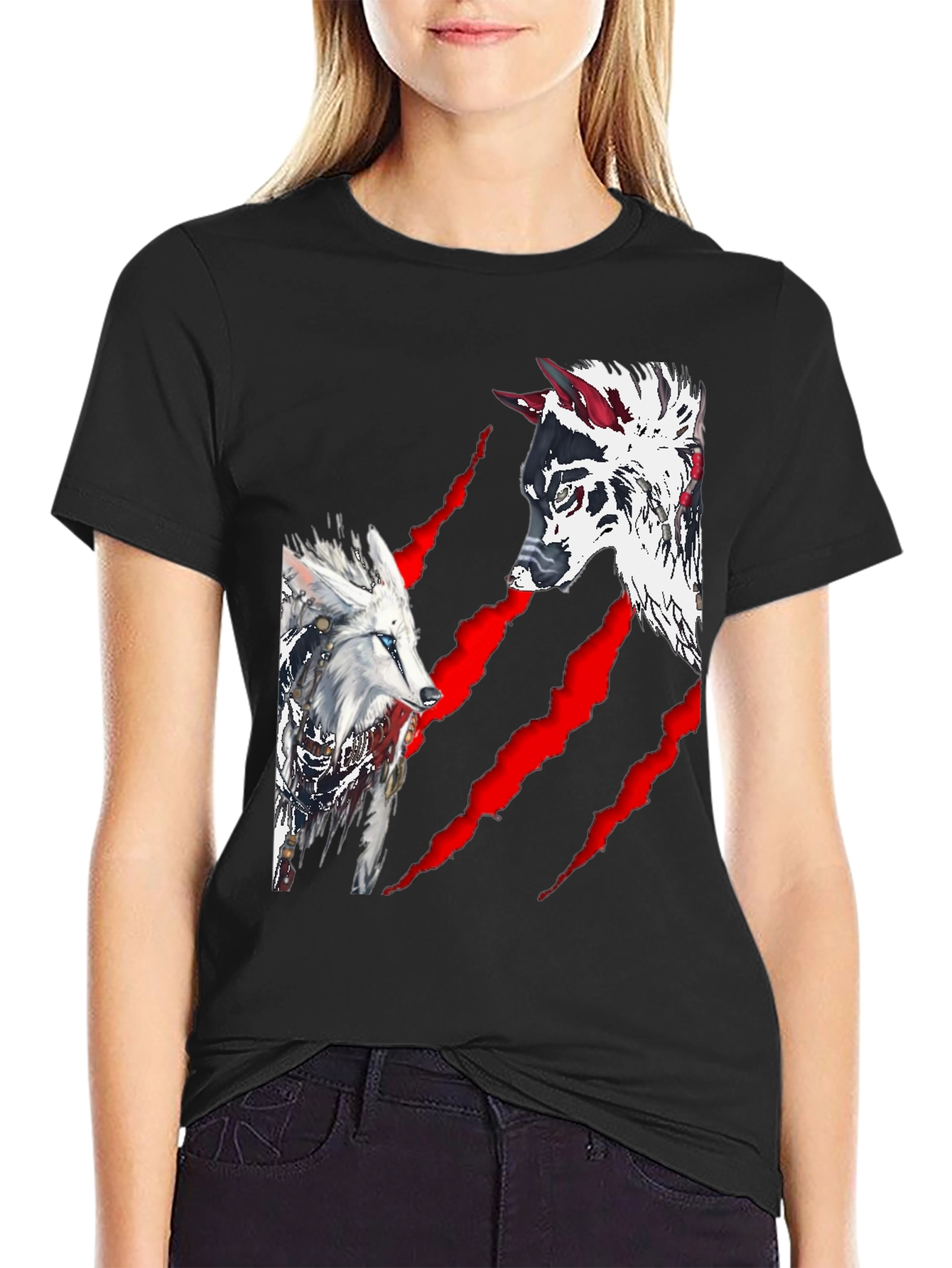 Black Wolf Graphic Print Crew Neck T-Shirt view 2