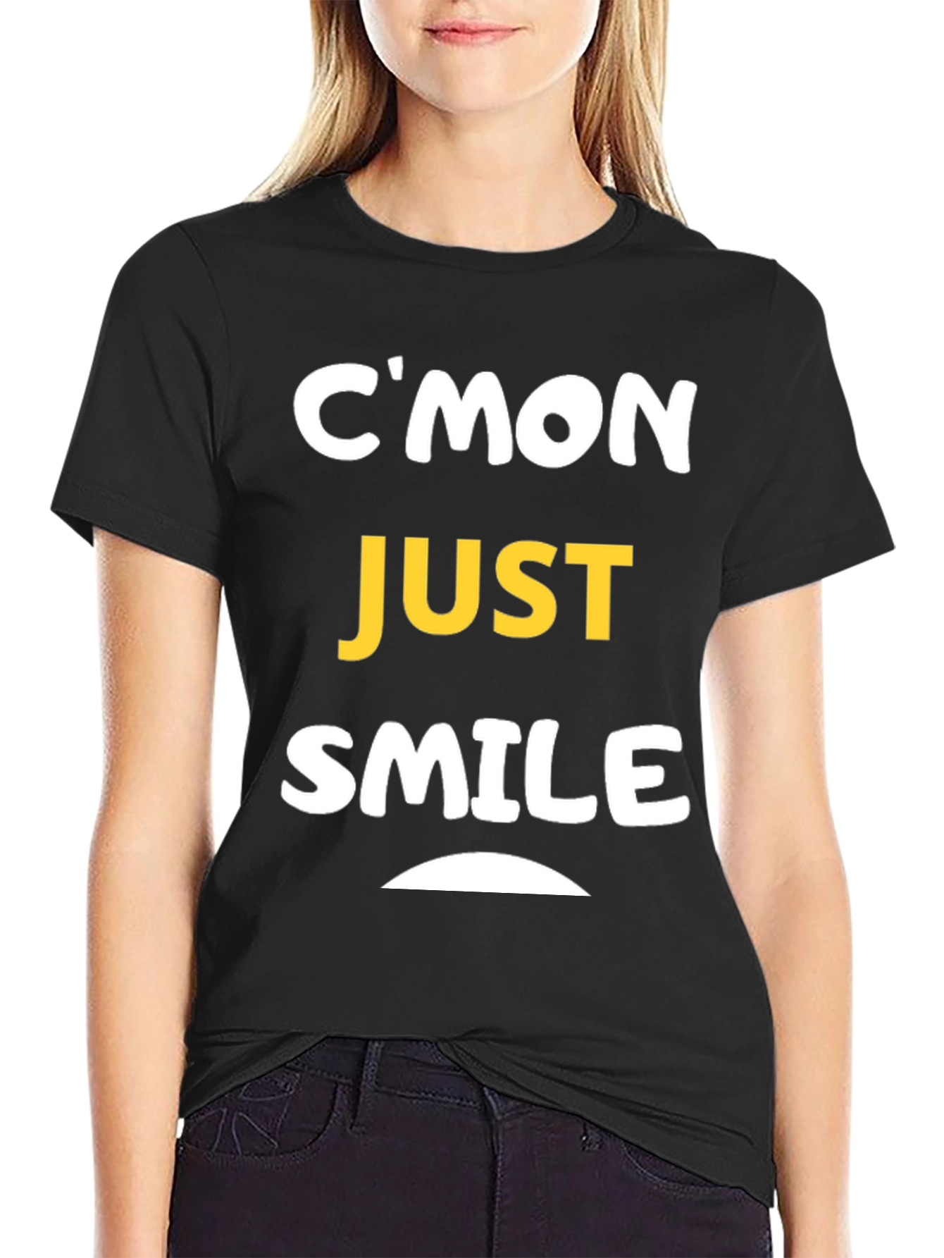 Black C'mon Just Smile Graphic Tee - Black Cotton Comfort view 2