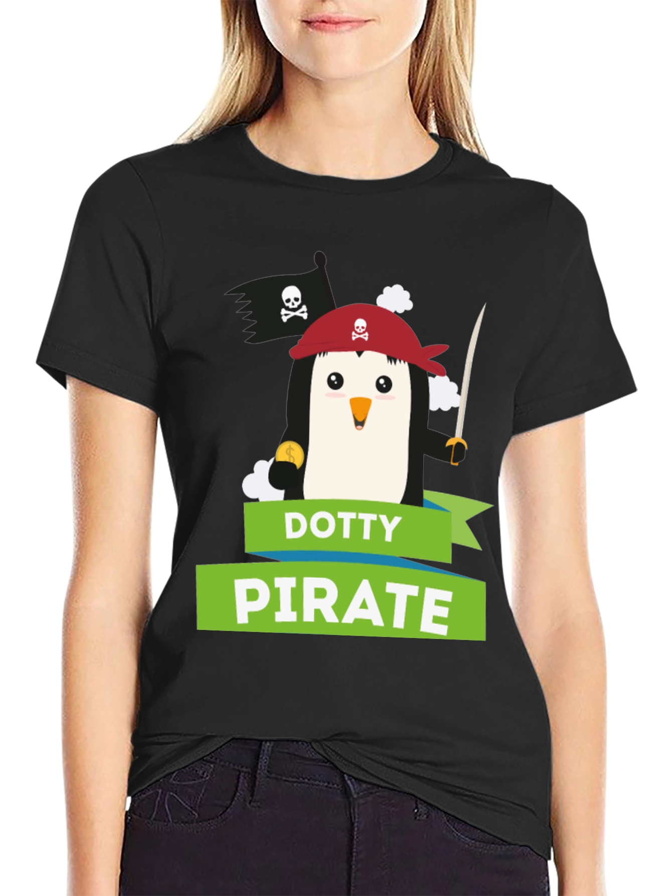 Black Dotty Pirate Penguin T-Shirt - Black Cotton Tee view 2