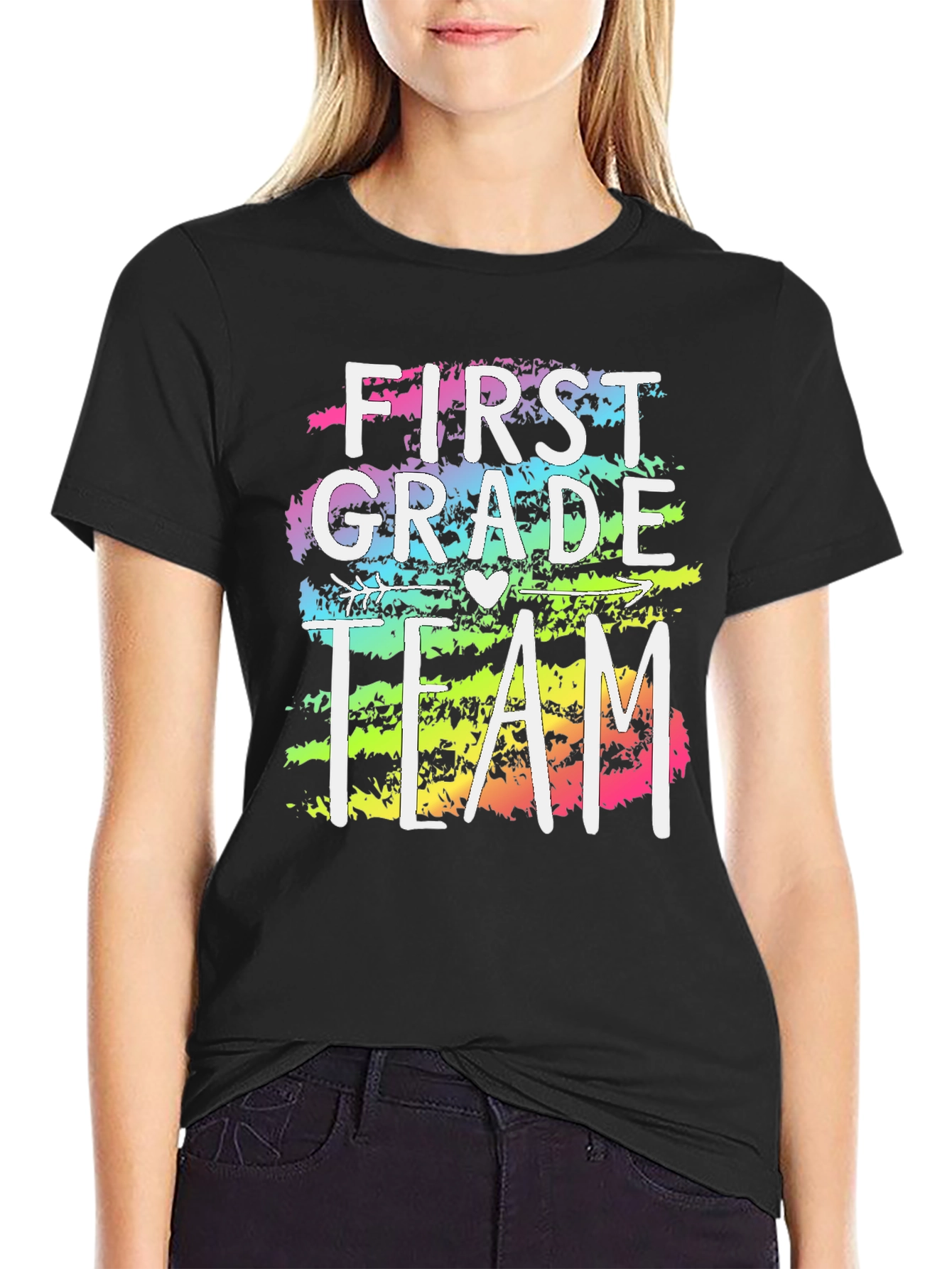 Black First Grade Team Teacher T-Shirt - Colorful Design view 2