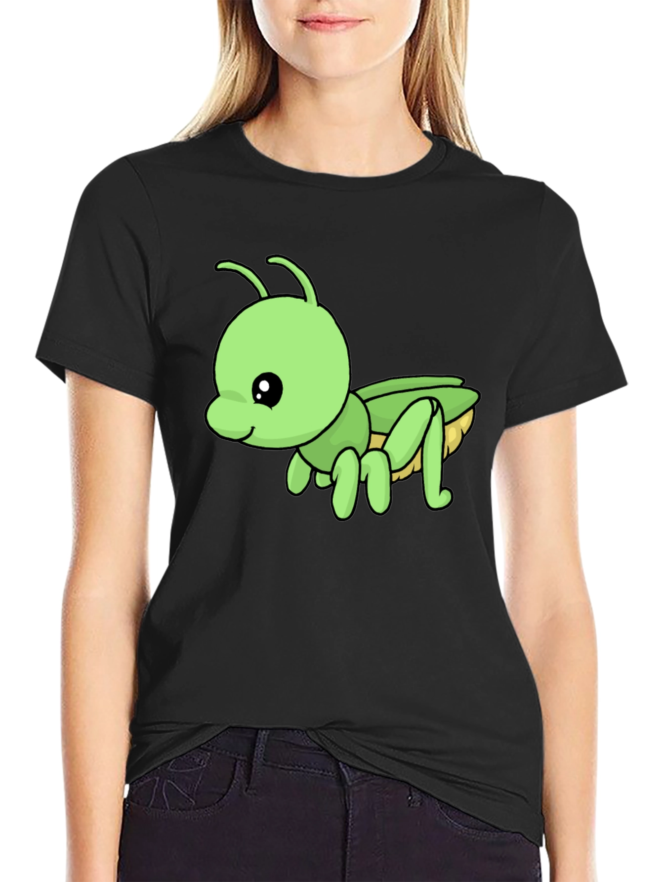 Black Cute Green Cartoon Insect Black T-Shirt view 2