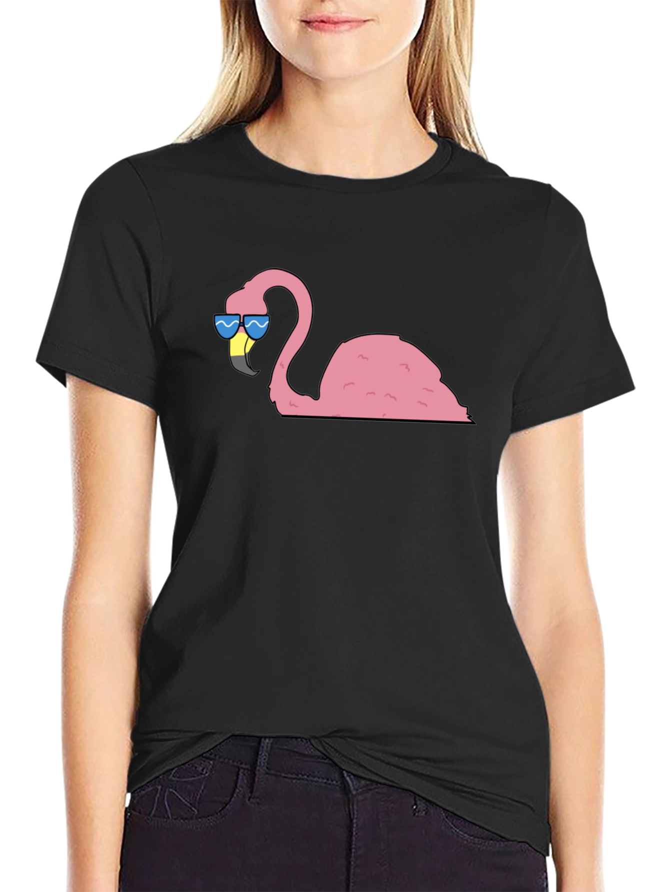 Black Cool Flamingo Graphic Tee - Black Cotton T-Shirt view 2