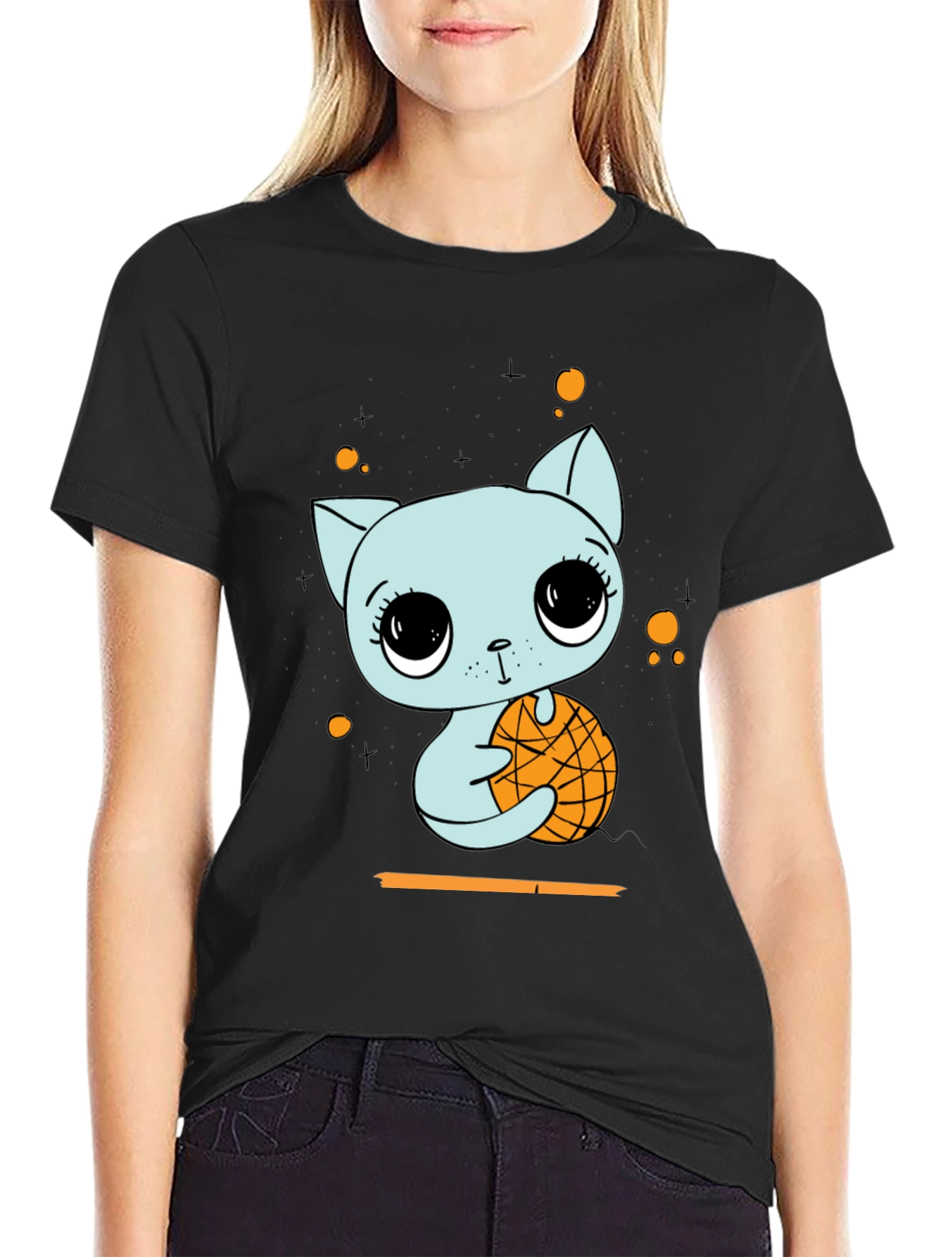 Black Cute Cat with Basketball Graphic T-Shirt view 2