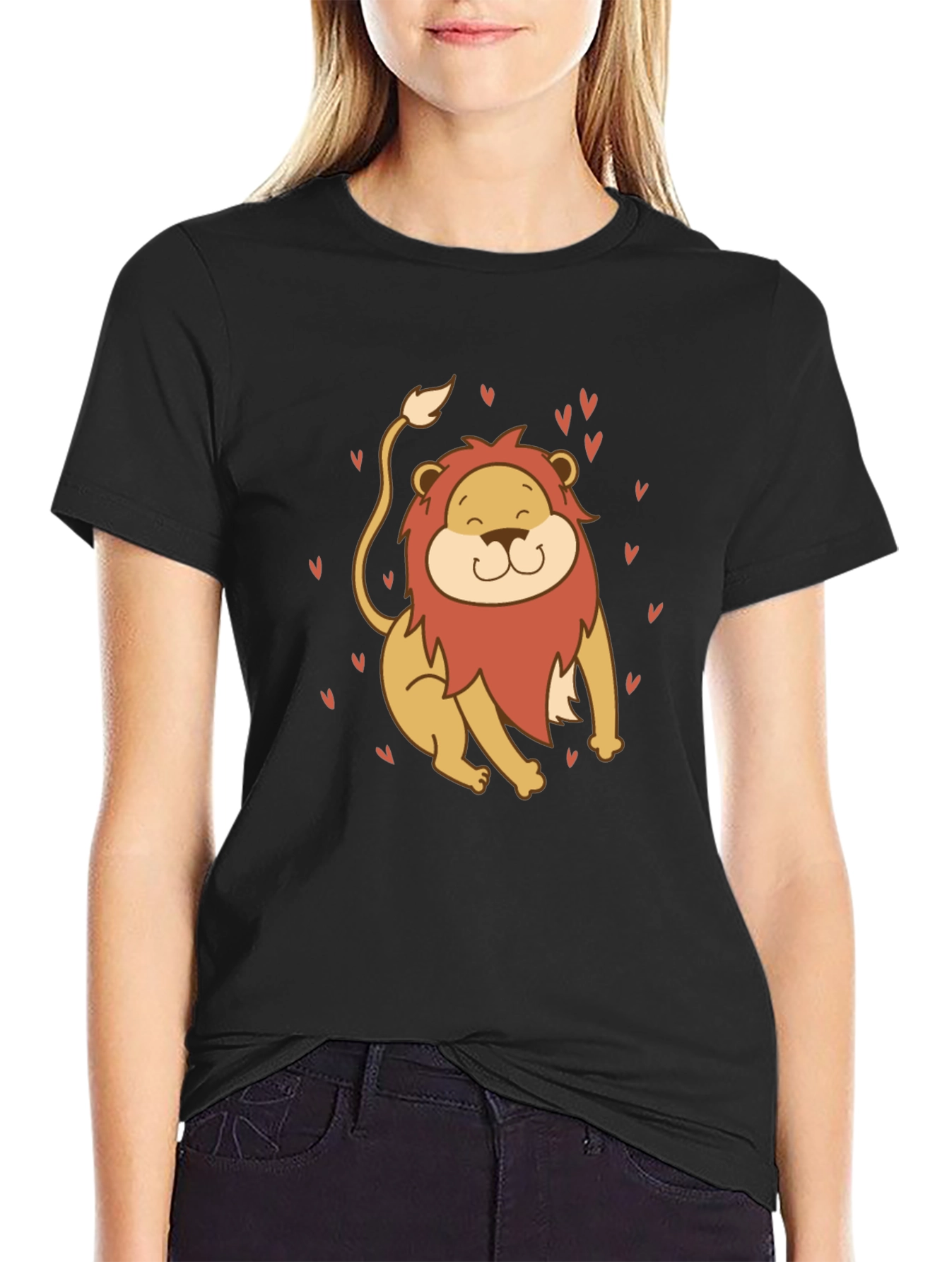 Black Cute Lion Graphic Tee - Black Cotton T-Shirt view 2