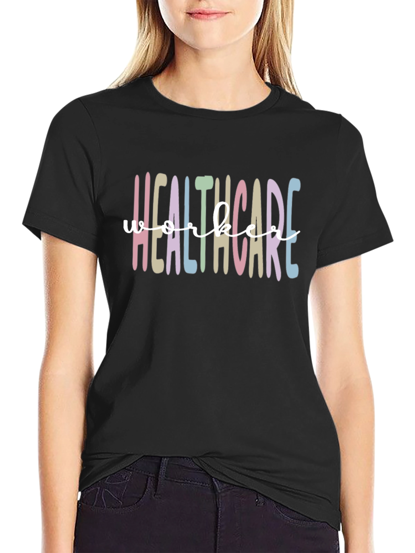 Black Healthcare Worker Tee - Pastel Rainbow view 2
