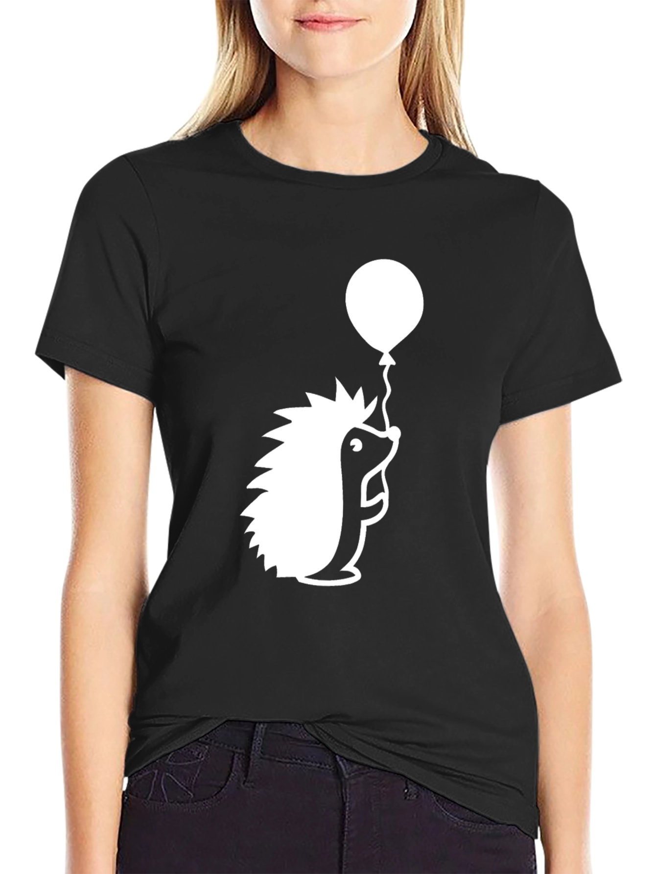 Black Hedgehog with Balloon Black T-Shirt view 2