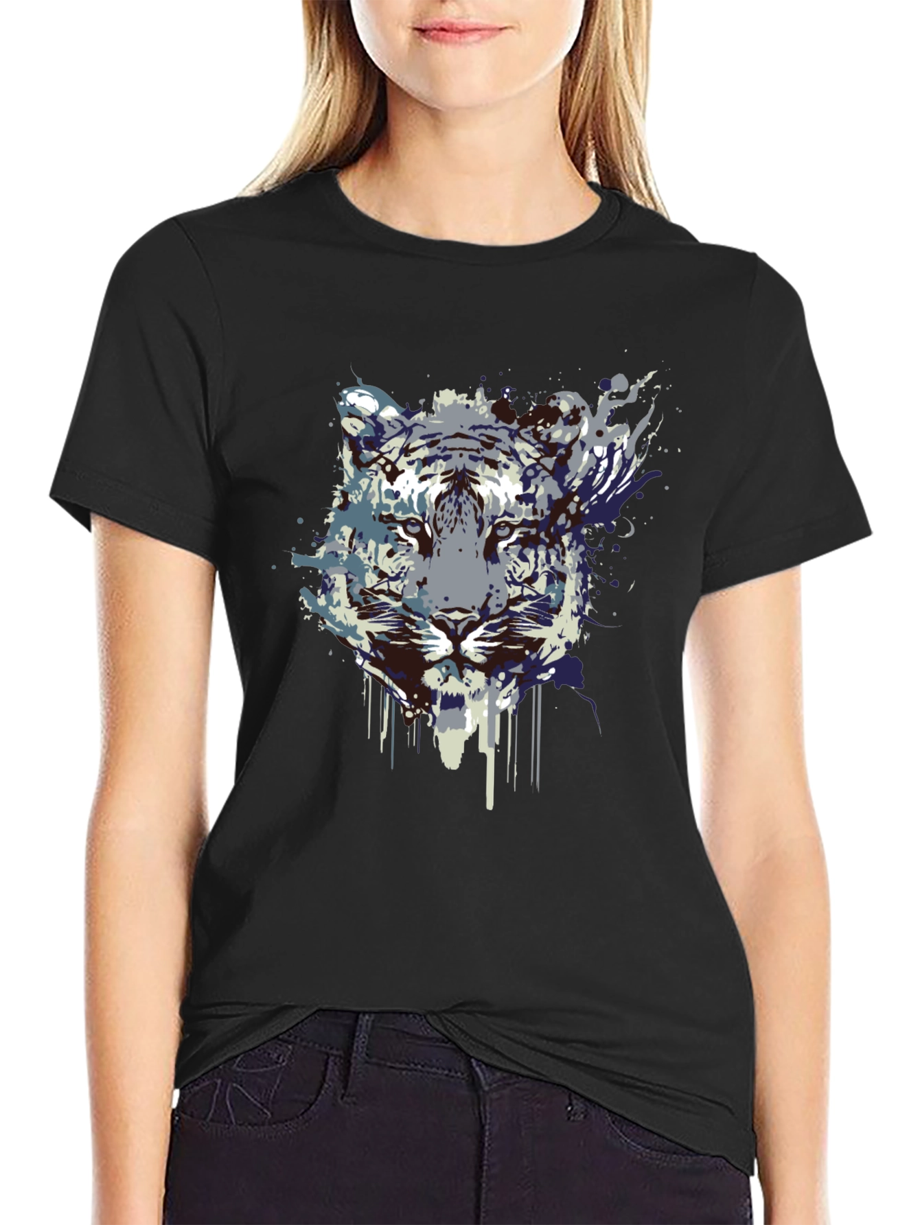 Black Abstract Tiger Graphic Tee - Black Cotton Blend view 2