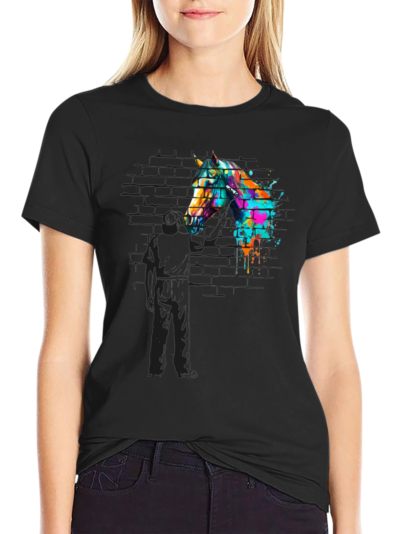 Black Abstract Horse Graphic Tee - Men's Black T-Shirt view 2