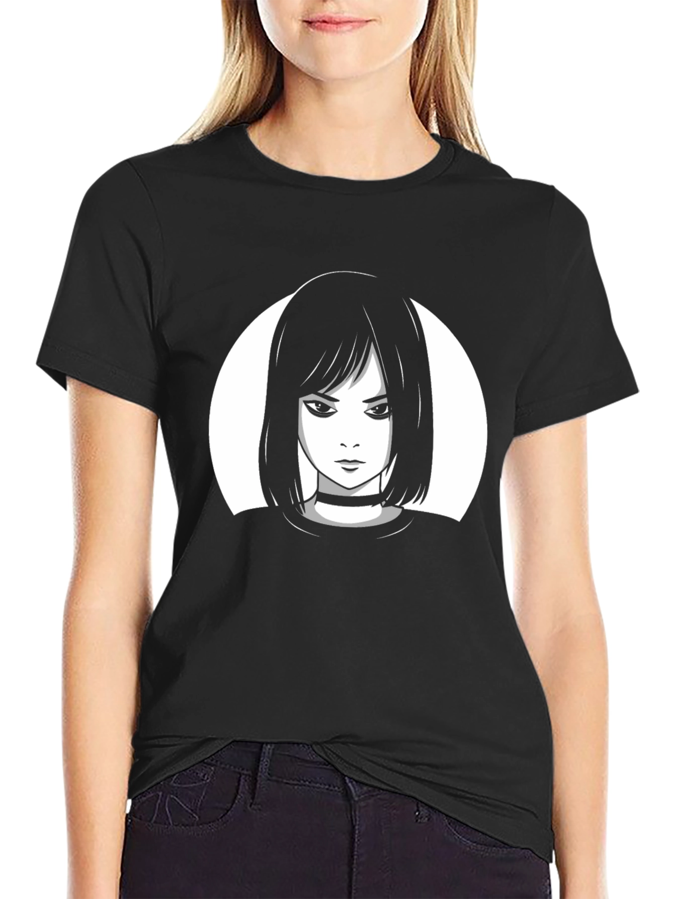 Black Edgy Anime Girl Graphic Tee - Black Cotton Blend Shirt view 2