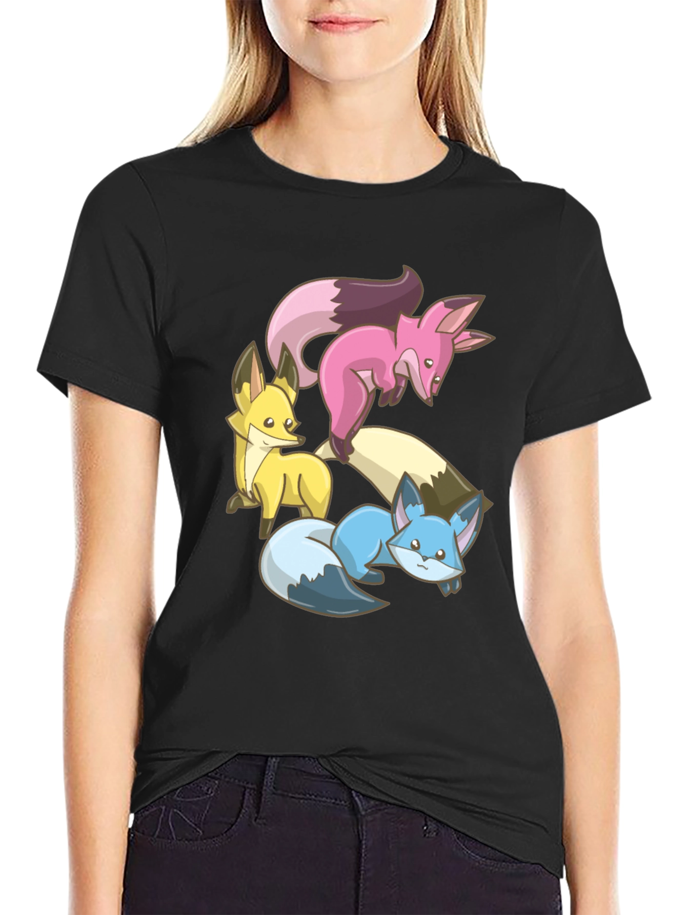 Black Cute Fox Trio Graphic Tee - Soft Cotton Blend view 2