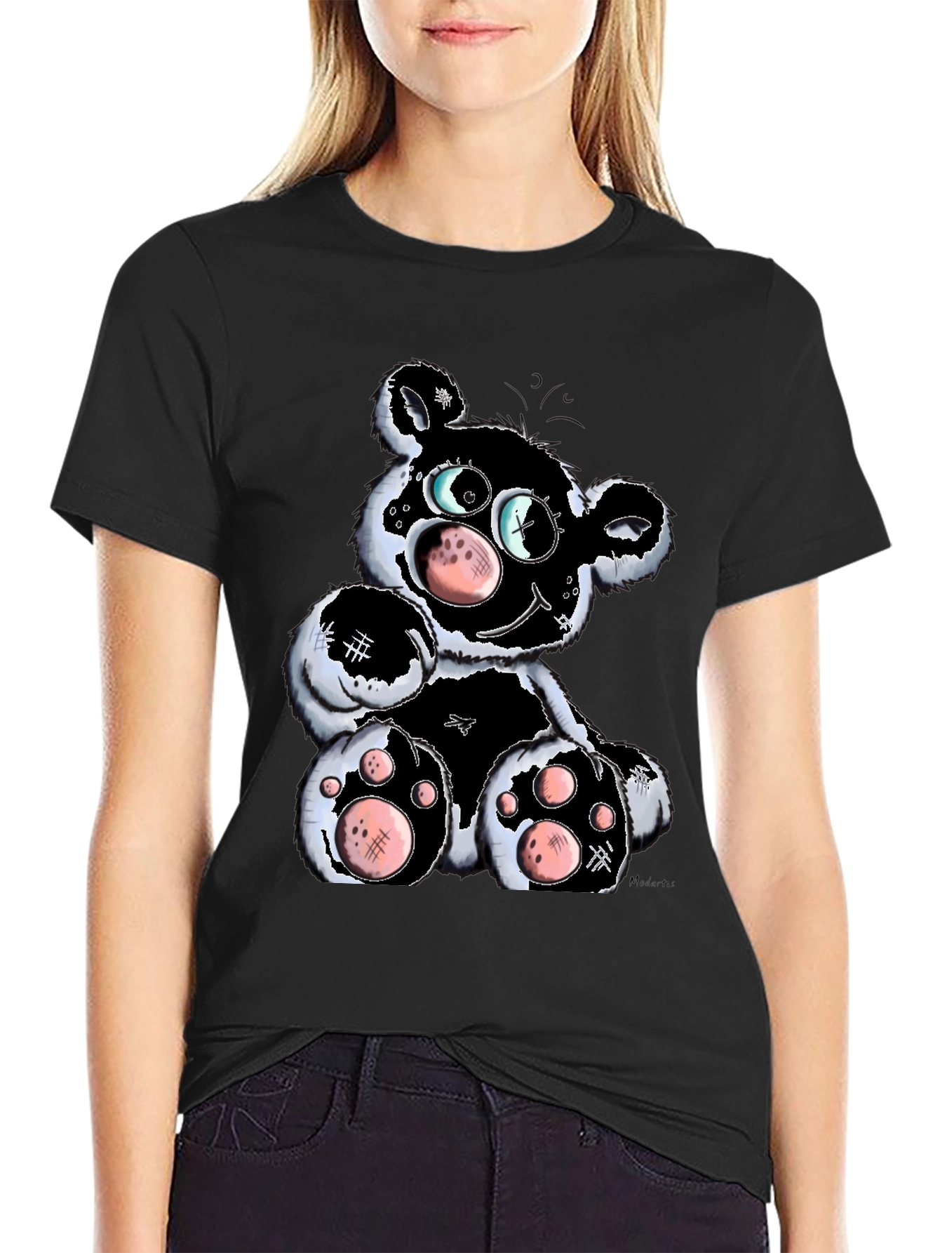 Black Cartoon Bear Graphic T-Shirt - Black view 2