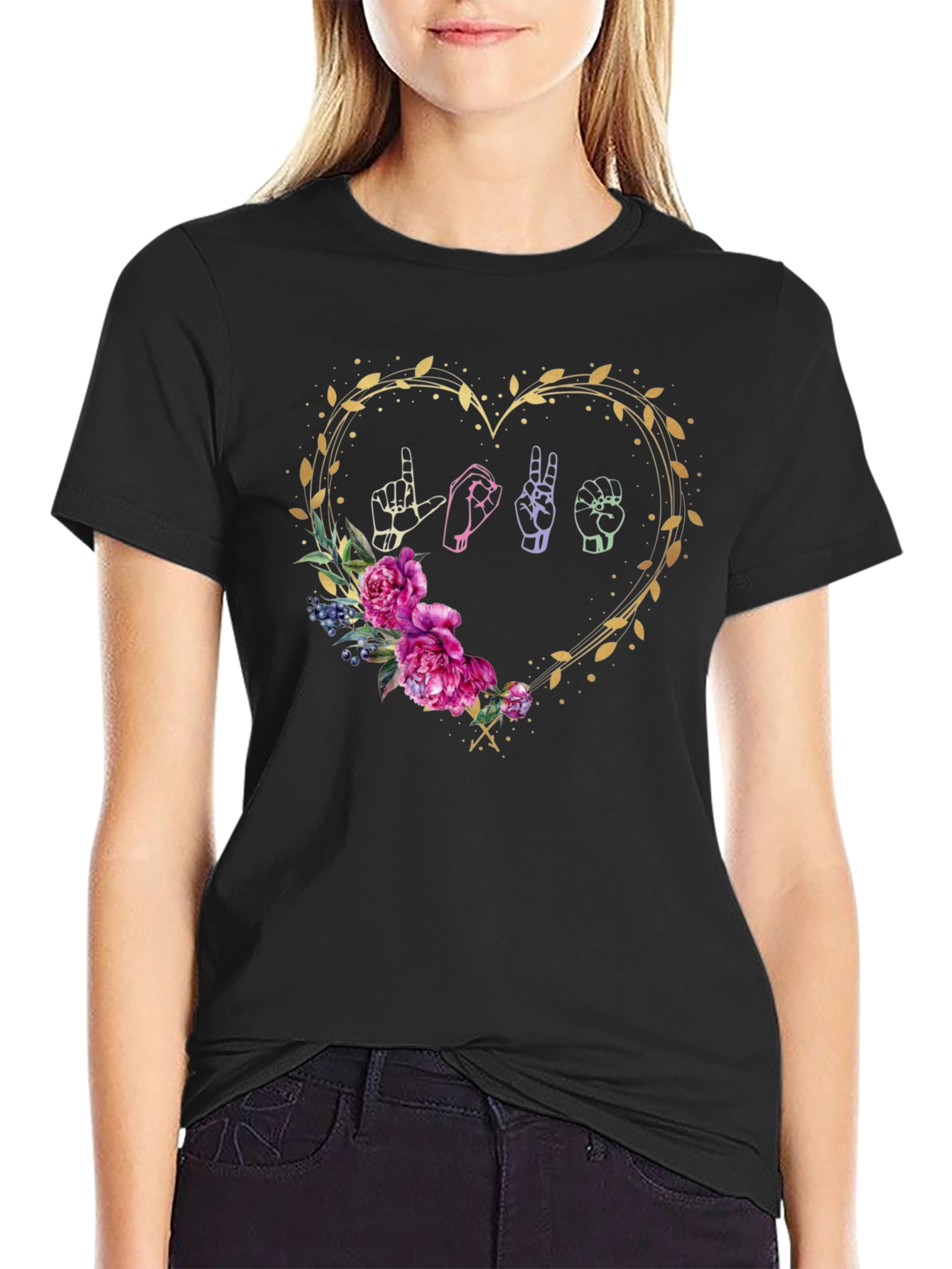 Black Love Sign Language Floral Heart T-Shirt view 2