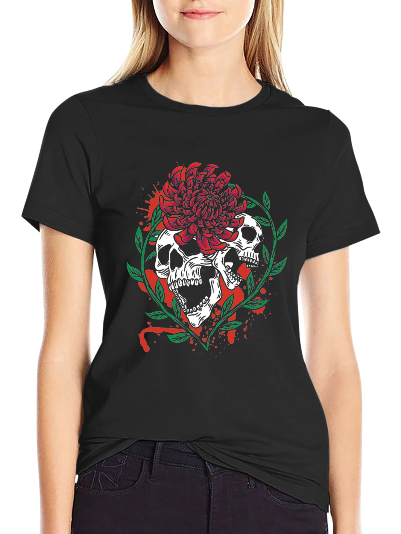 Black Skull & Flower Graphic Tee - Men's Black T-Shirt view 2