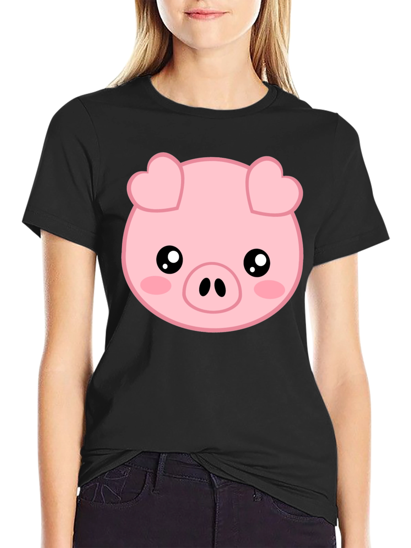 Black Cute Pig Graphic Tee - Black view 2