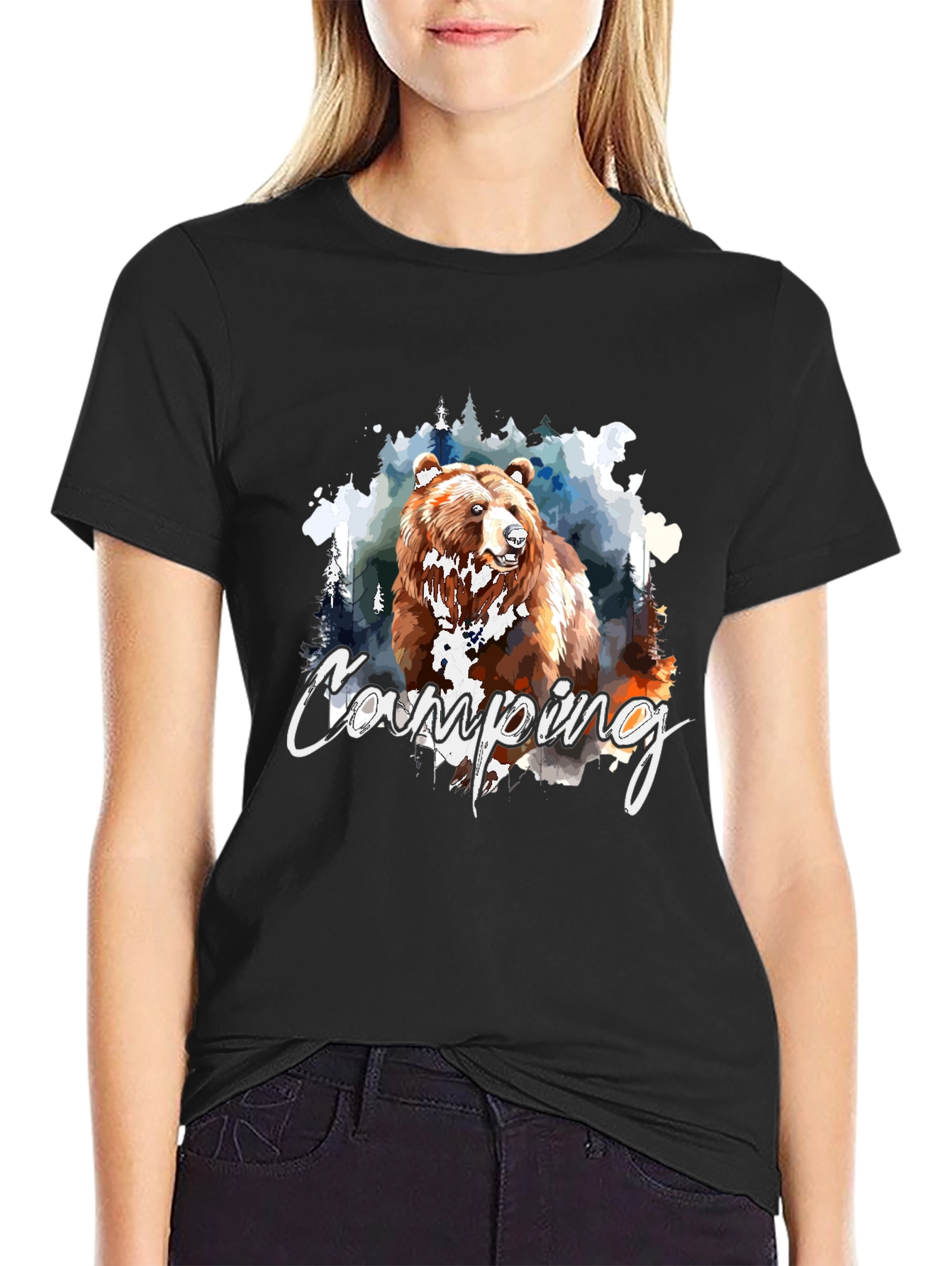 Black Camping Bear Graphic Black T-Shirt view 2